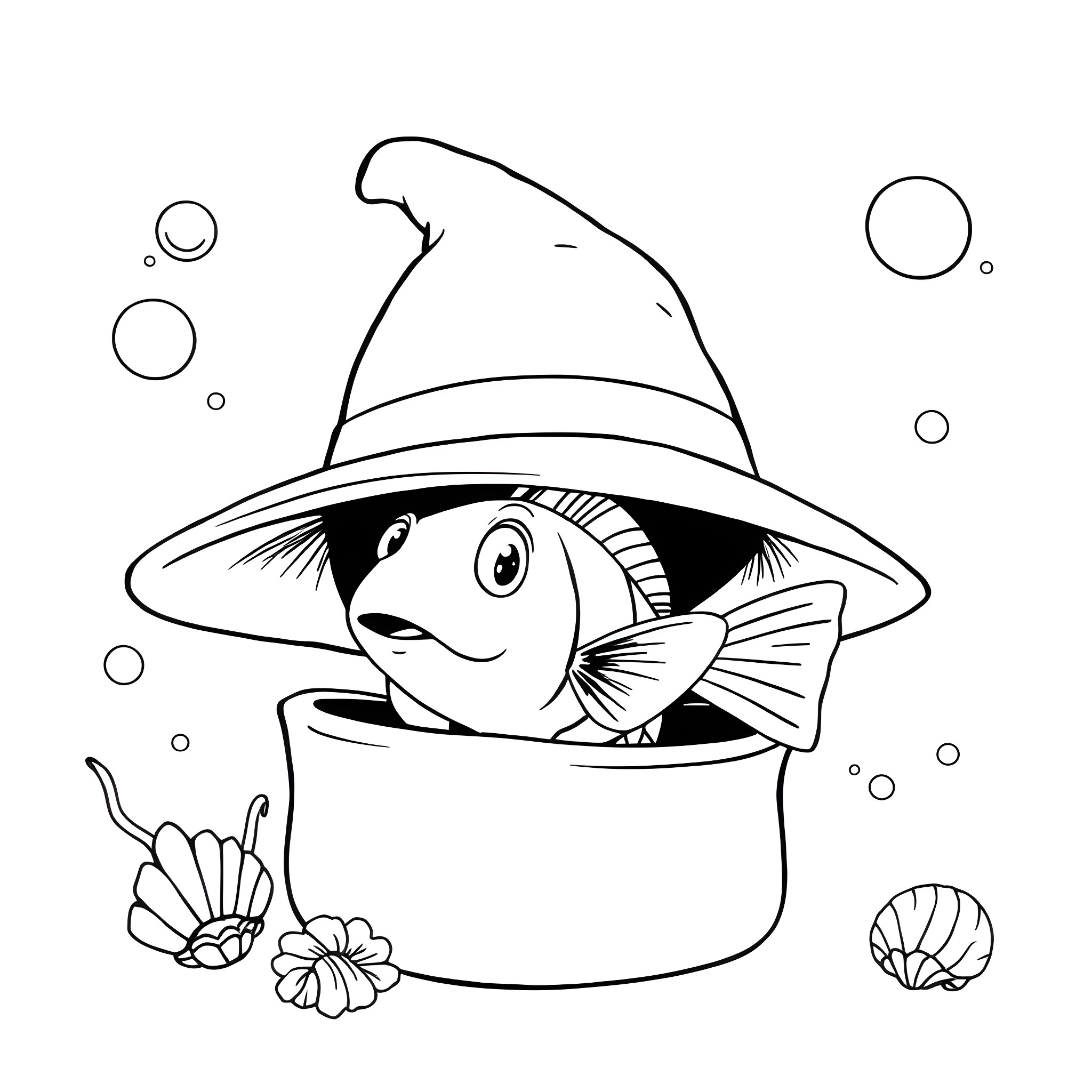 Fish in a Witch's Pot with Bubbles Coloring Page (free black-and-white line drawing printable PDF for all, from beginners to advanced learners, including children, teens, adults, and seniors)
