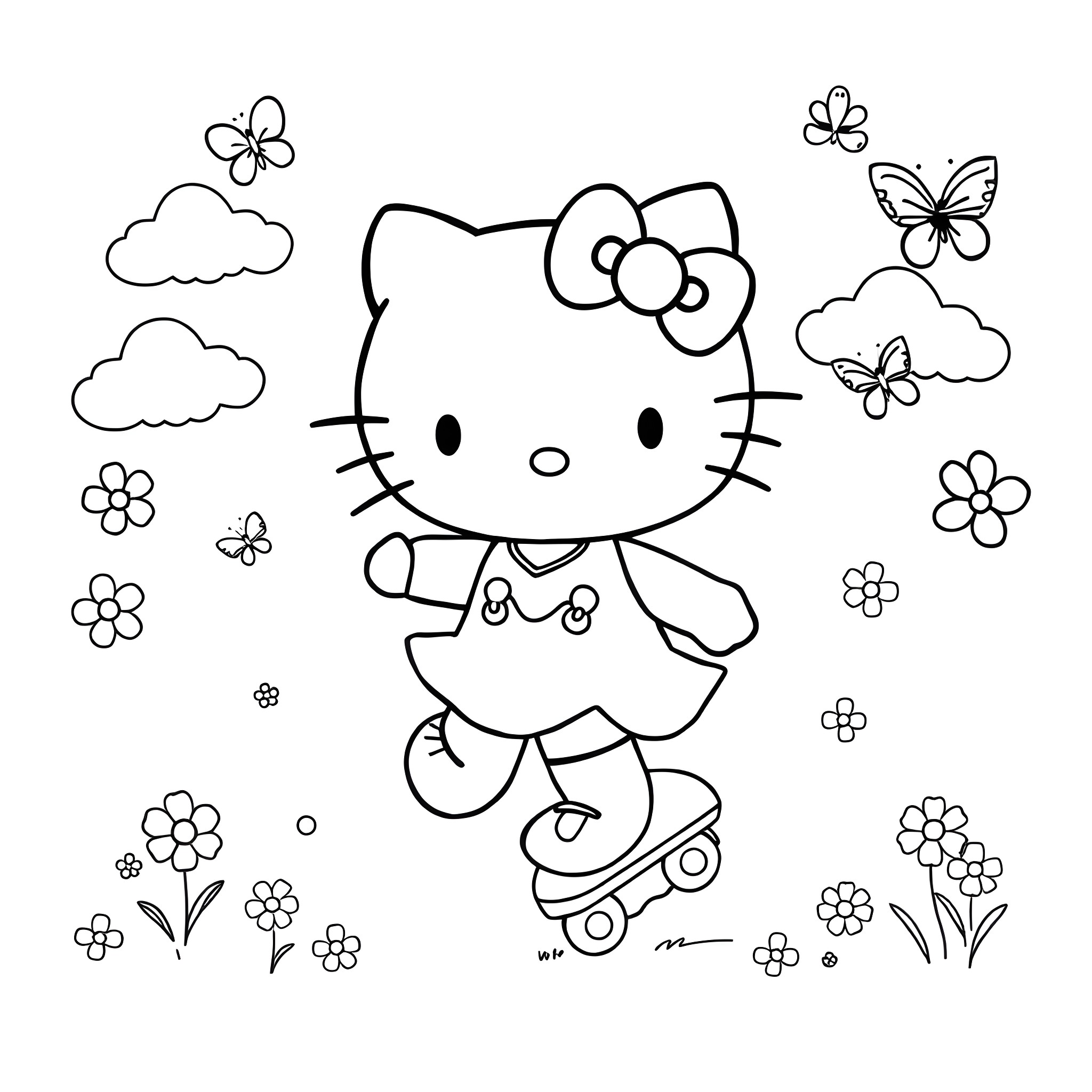 Hello Kitty rollerblading through a floral meadow Coloring Page (free black-and-white line drawing printable PDF for all, from beginners to advanced learners, including children, teens, adults, and seniors)