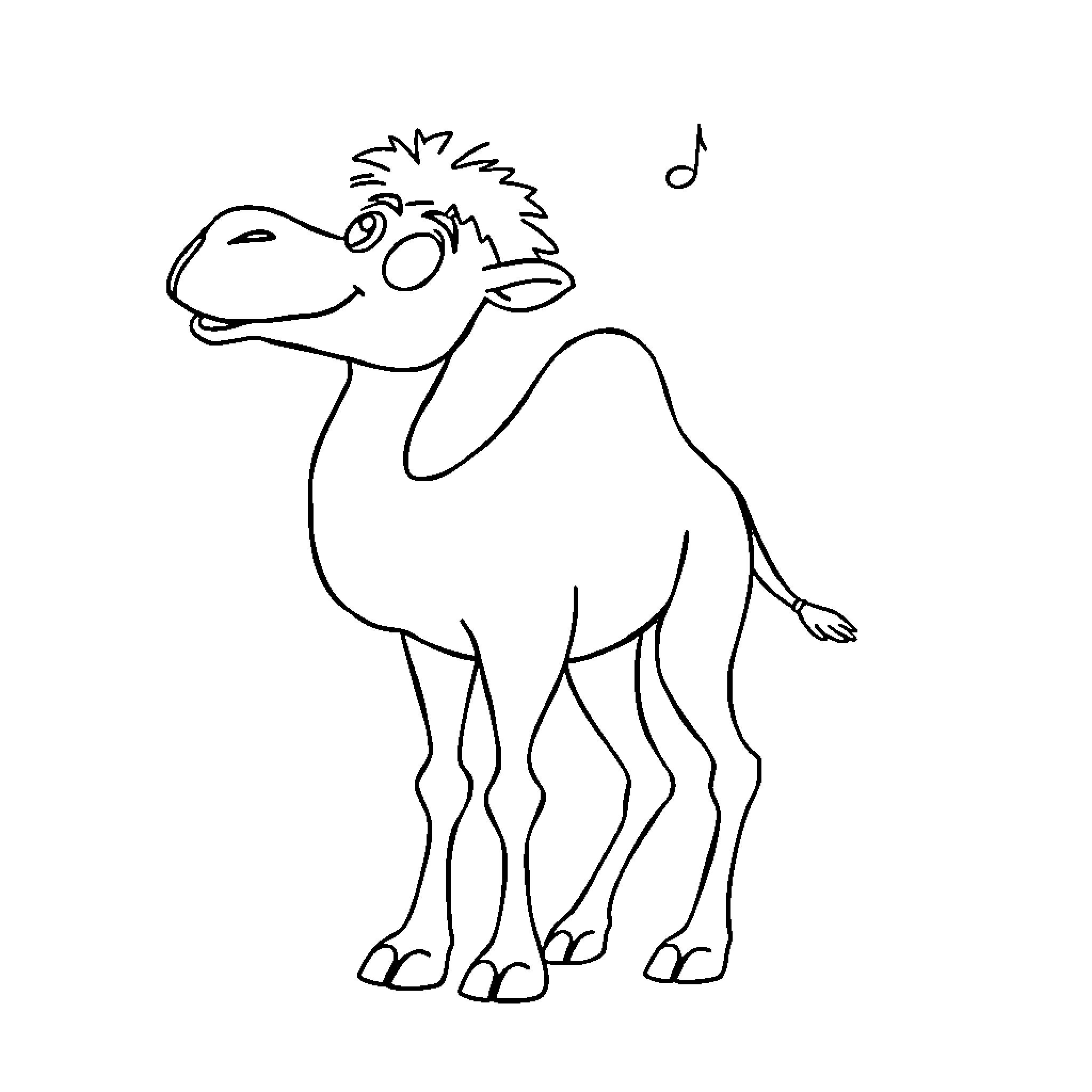 Camel singing a joyful tune Coloring Page (free black-and-white line drawing printable PDF for all, from beginners to advanced learners, including children, teens, adults, and seniors)