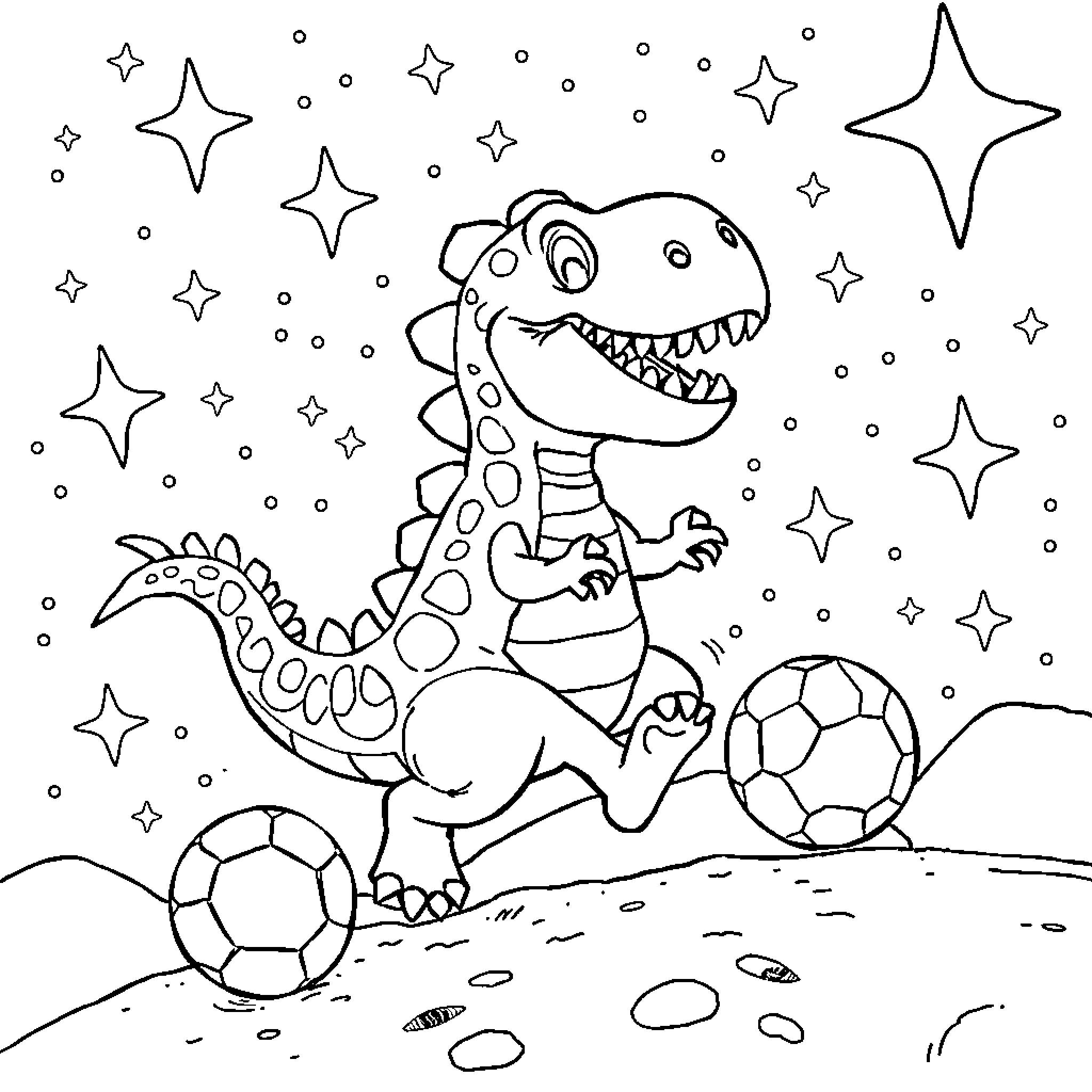 Dinosaur playing with soccer balls under starry sky Coloring Page (free black-and-white line drawing printable PDF for all, from beginners to advanced learners, including children, teens, adults, and seniors)