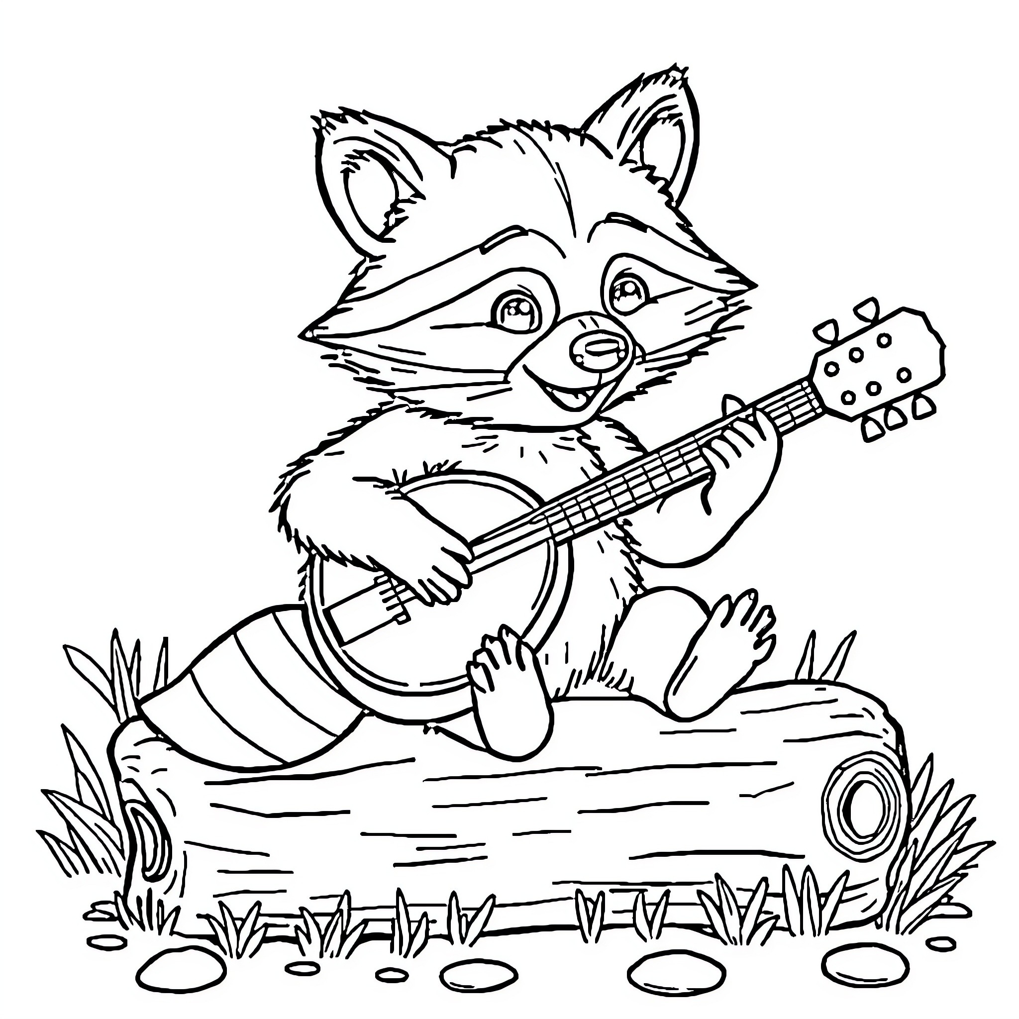 Raccoon playing guitar in nature Coloring Page (free black-and-white line drawing printable PDF for all, from beginners to advanced learners, including children, teens, adults, and seniors)