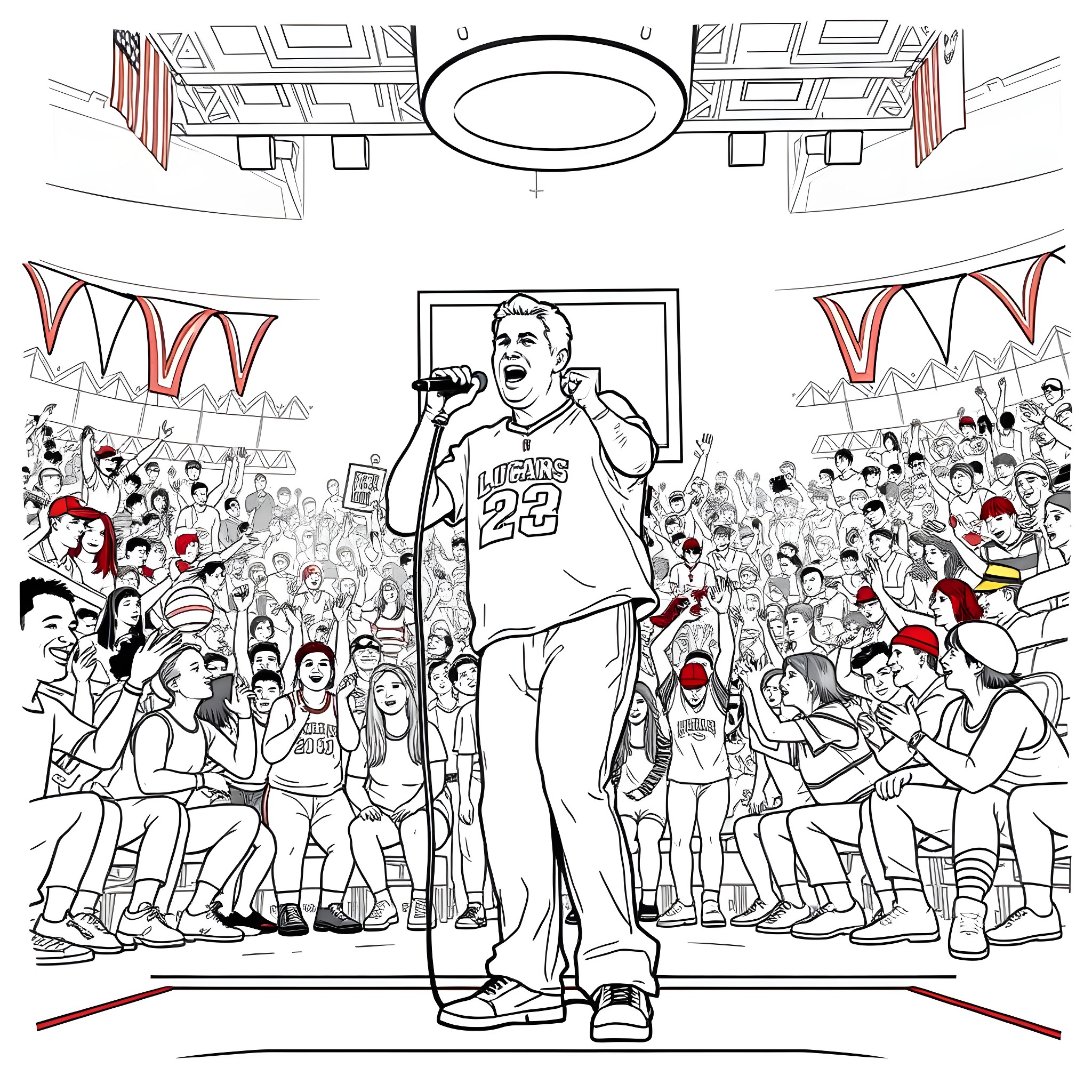 Brian Wilson performing on stage with a cheering crowd Coloring Page (free black-and-white line drawing printable PDF for all, from beginners to advanced learners, including children, teens, adults, and seniors)