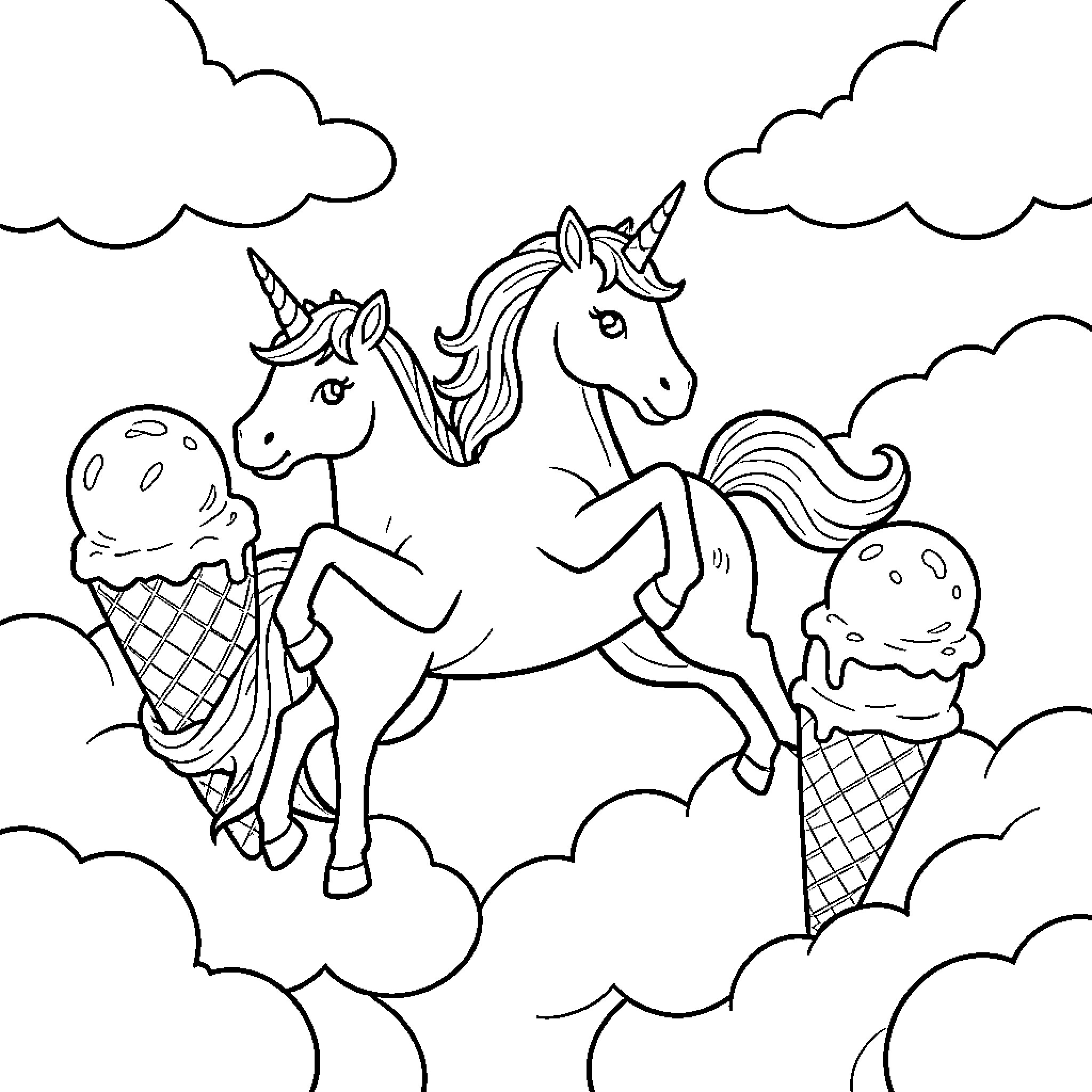 Unicorns dancing playfully among giant ice cream cones Coloring Page (free black-and-white line drawing printable PDF for all, from beginners to advanced learners, including children, teens, adults, and seniors)