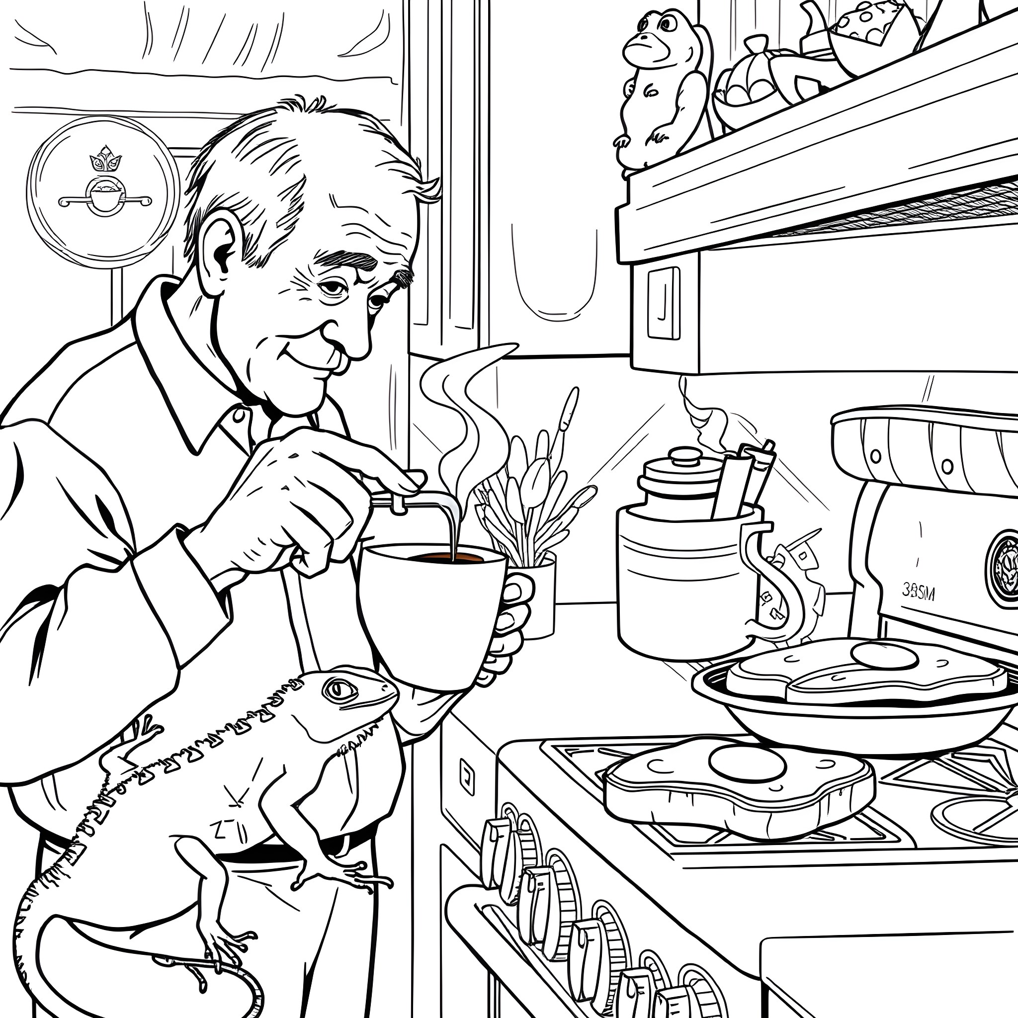 Man preparing coffee in a cozy kitchen with toys Coloring Page (free black-and-white line drawing printable PDF for all, from beginners to advanced learners, including children, teens, adults, and seniors)