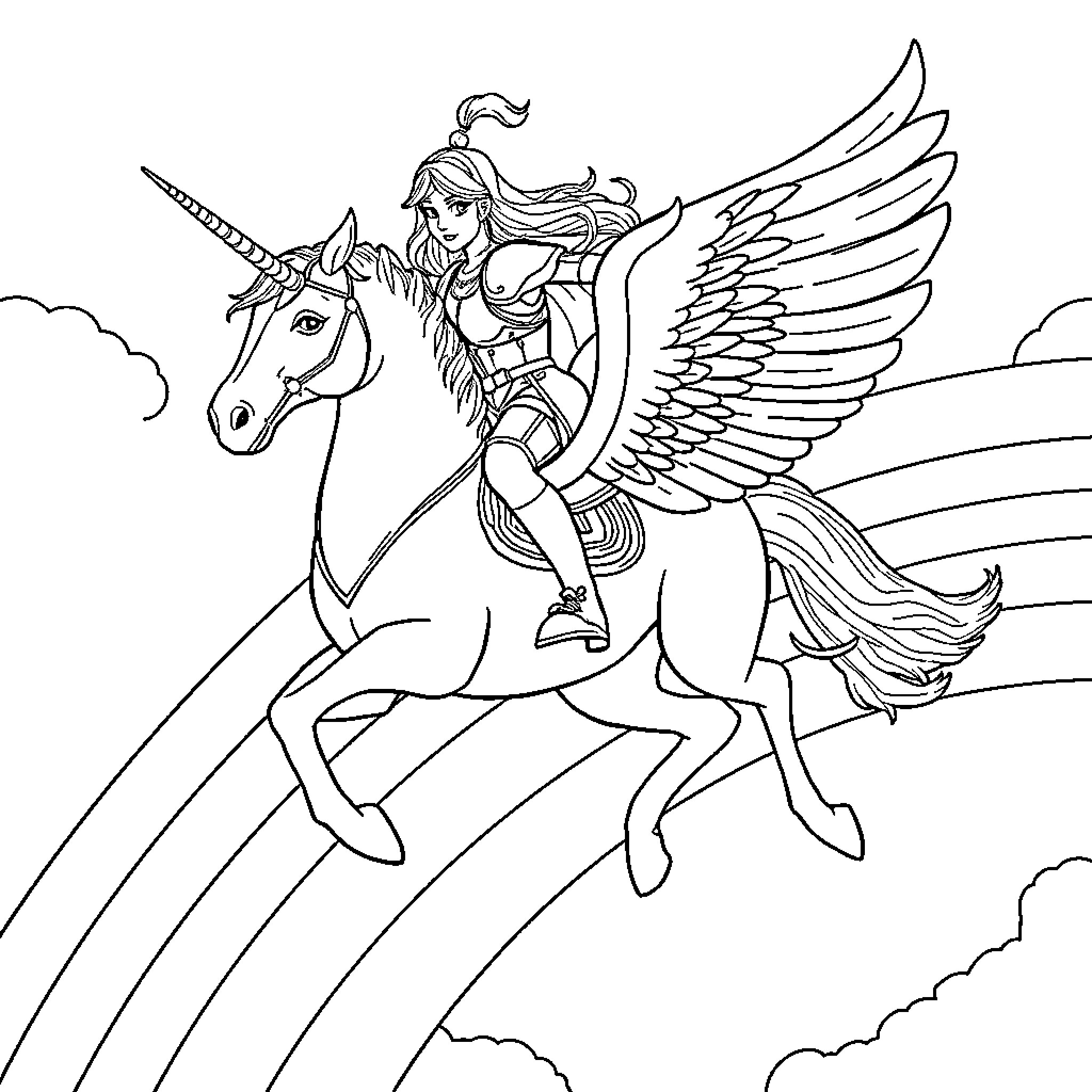 Knight riding a winged unicorn into battle Coloring Page (free black-and-white line drawing printable PDF for all, from beginners to advanced learners, including children, teens, adults, and seniors)