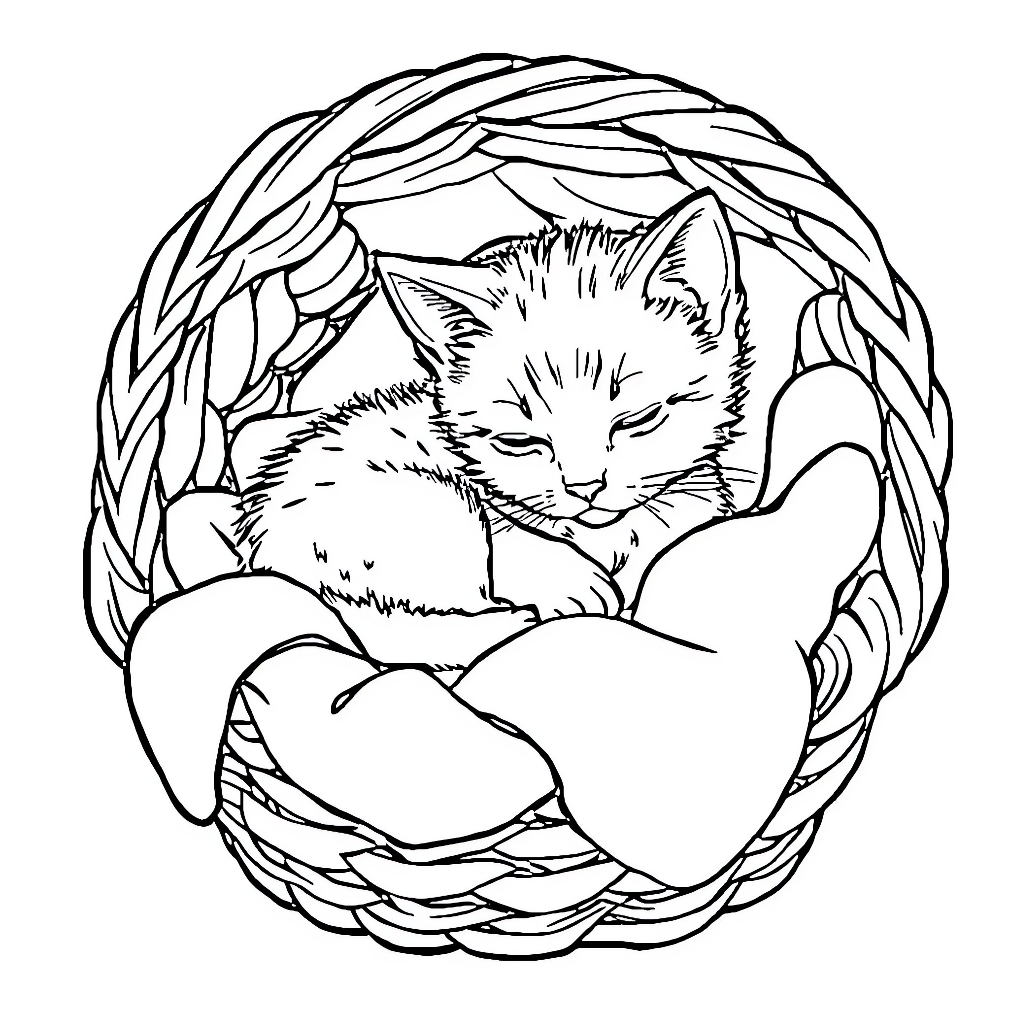 Kitten sleeping peacefully in a woven basket Coloring Page (free black-and-white line drawing printable PDF for all, from beginners to advanced learners, including children, teens, adults, and seniors)