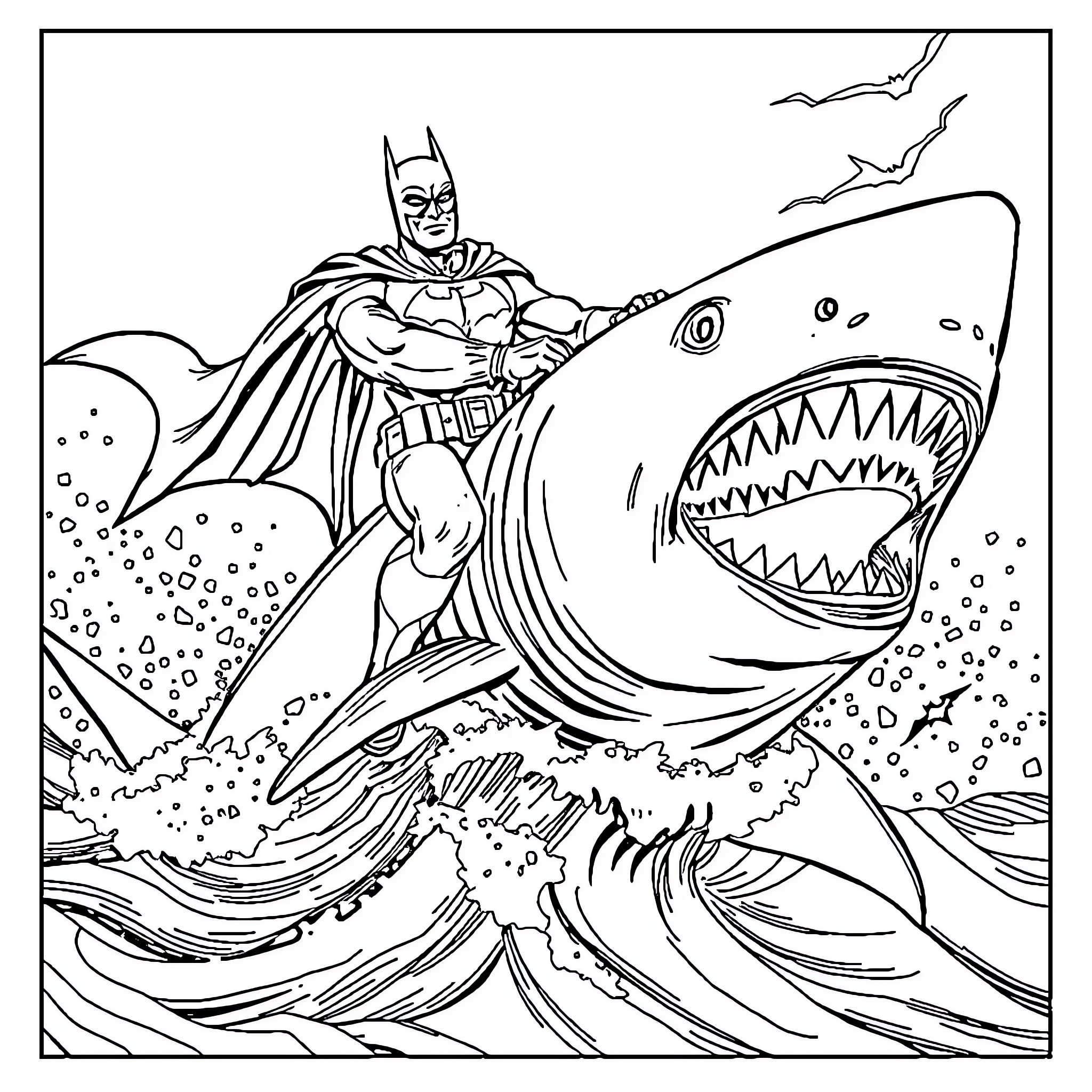 Batman Battling Ferocious Shark in Aquatic Realm Coloring Page (free black-and-white line drawing printable PDF for all, from beginners to advanced learners, including children, teens, adults, and seniors)