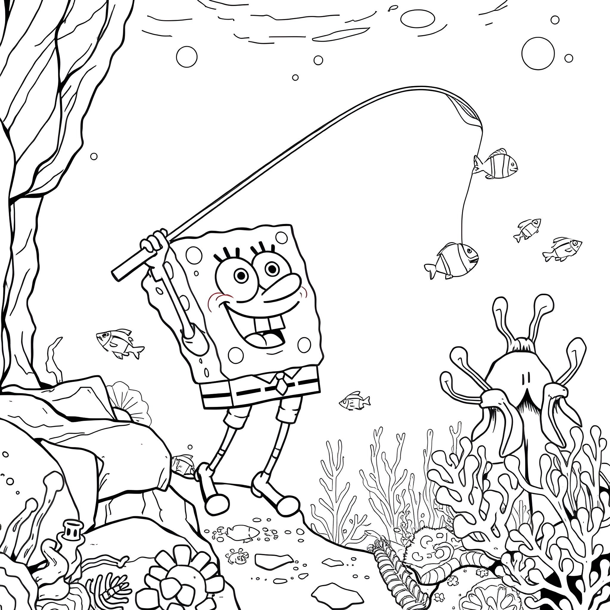 Spongebob fishing with friends in the underwater ocean Coloring Page (free black-and-white line drawing printable PDF for all, from beginners to advanced learners, including children, teens, adults, and seniors)