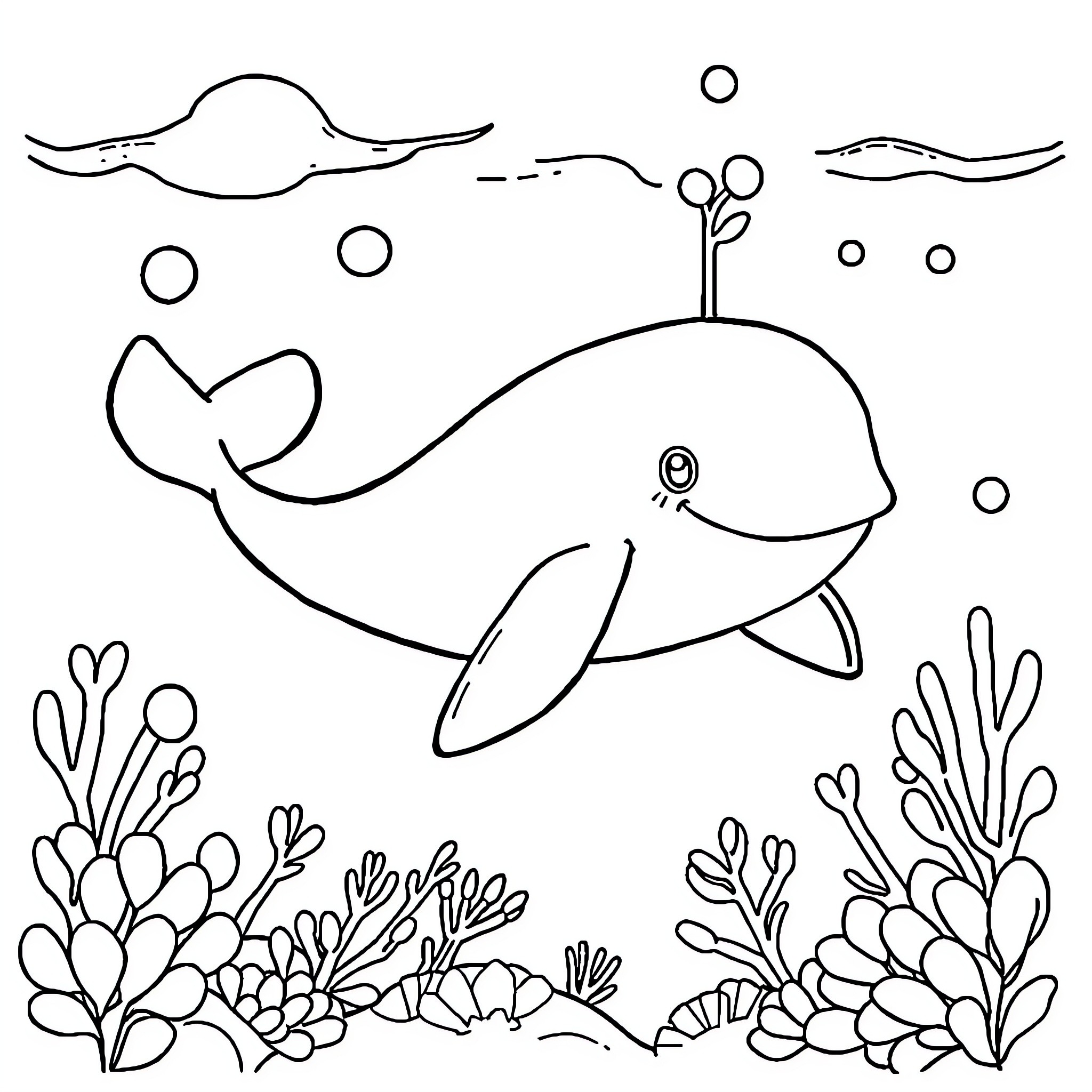 Whale swimming playfully in the underwater scene Coloring Page (free black-and-white line drawing printable PDF for all, from beginners to advanced learners, including children, teens, adults, and seniors)