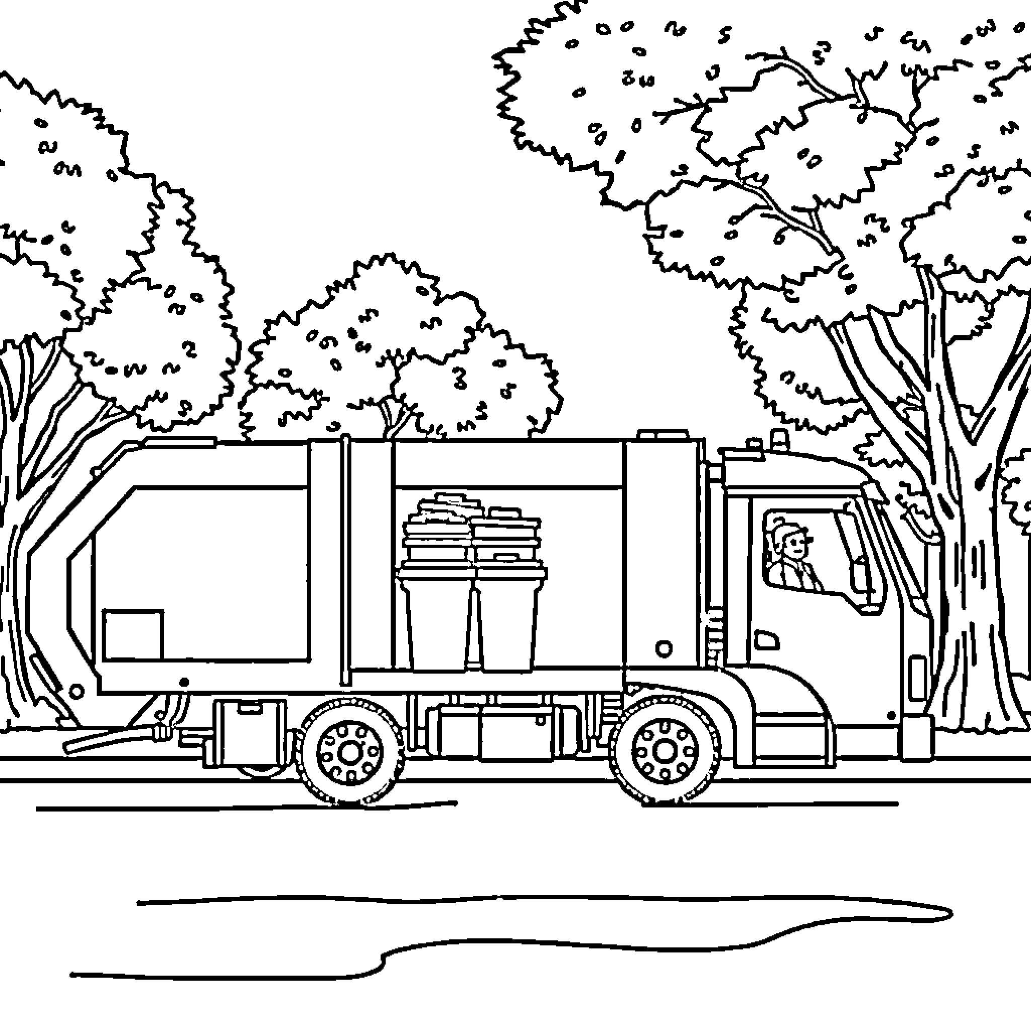 Garbage Truck Collecting Waste in the Neighborhood Coloring Page (free black-and-white line drawing printable PDF for all, from beginners to advanced learners, including children, teens, adults, and seniors)