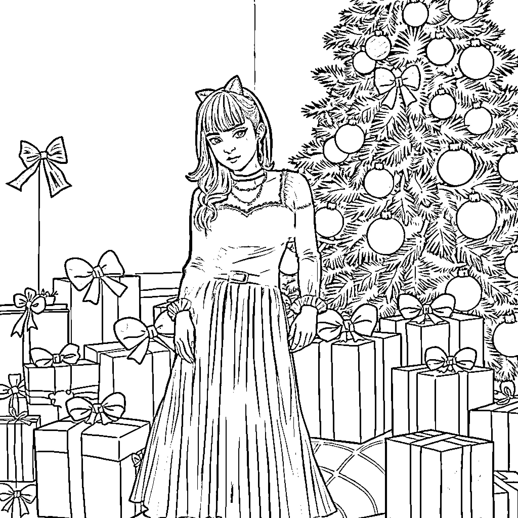 Melanie Martinez posing in front of Christmas tree and gifts Coloring Page (free black-and-white line drawing printable PDF for all, from beginners to advanced learners, including children, teens, adults, and seniors)