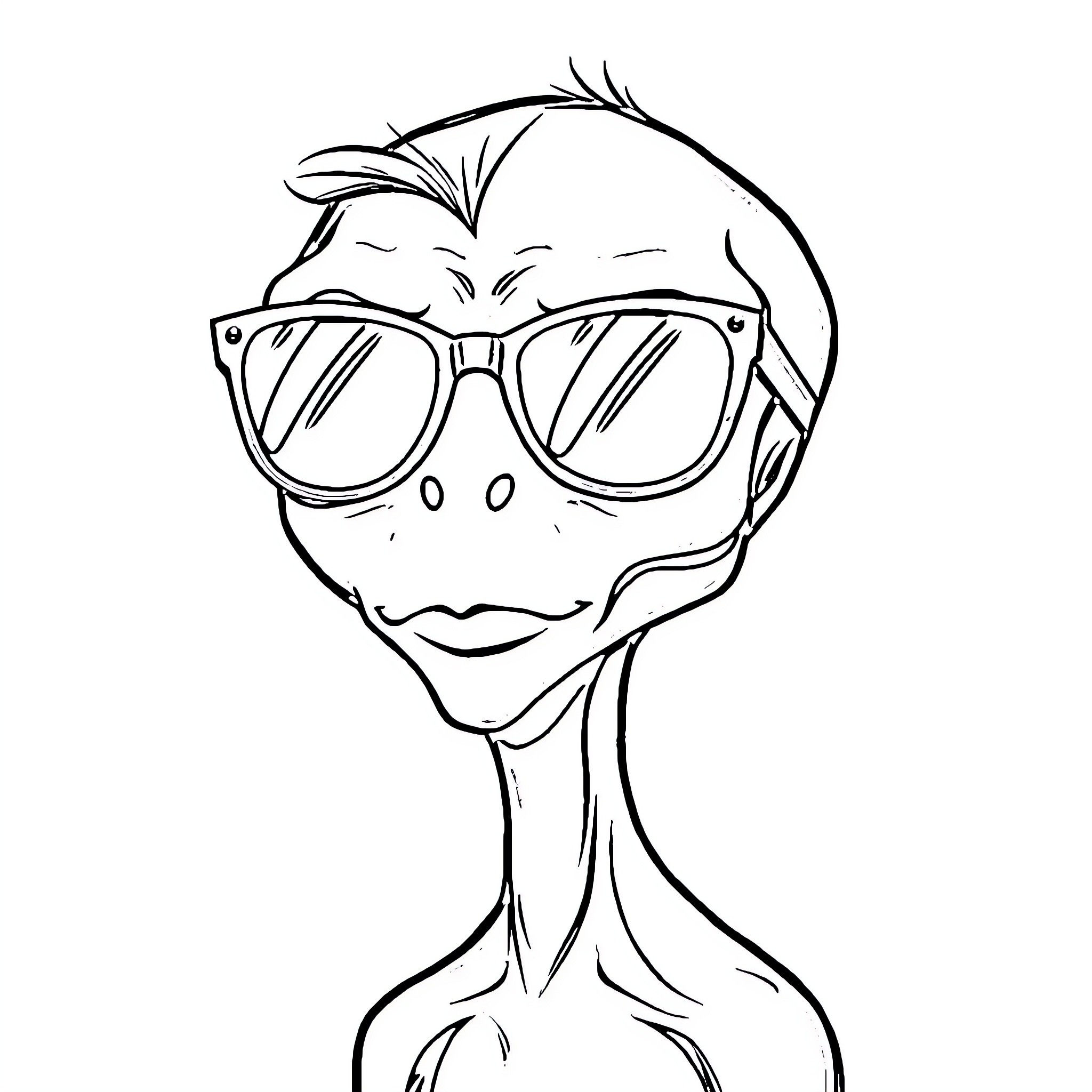 Alien with Stylish Glasses Coloring Page (free black-and-white line drawing printable PDF for all, from beginners to advanced learners, including children, teens, adults, and seniors)