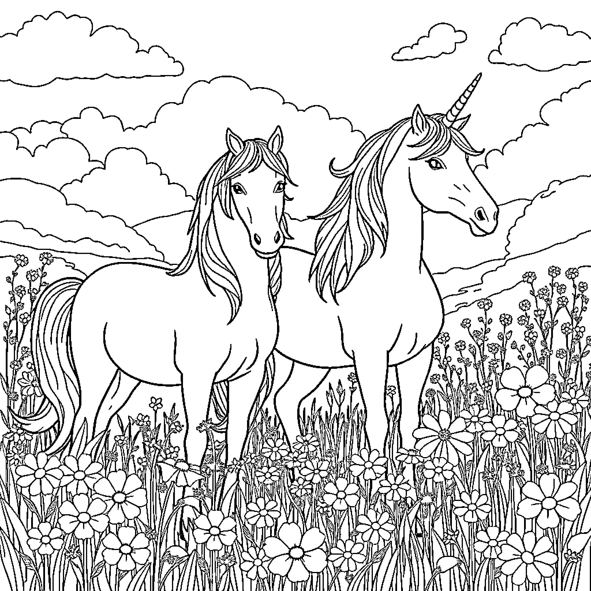 Unicorn companions in a magical meadow Coloring Page (free black-and-white line drawing printable PDF for all, from beginners to advanced learners, including children, teens, adults, and seniors)