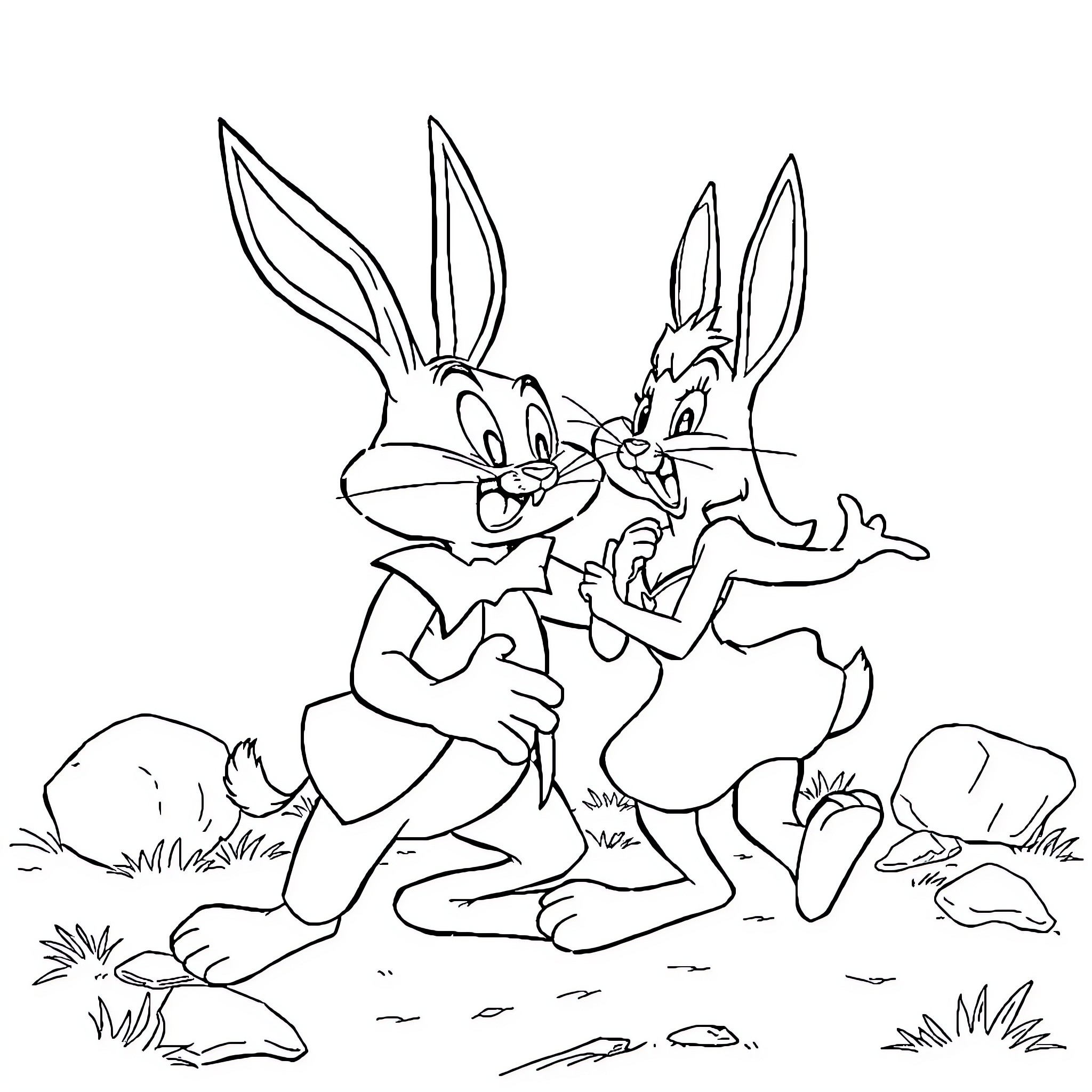 Roger Rabbit chasing Bugs Bunny in a forest scene Coloring Page (free black-and-white line drawing printable PDF for all, from beginners to advanced learners, including children, teens, adults, and seniors)