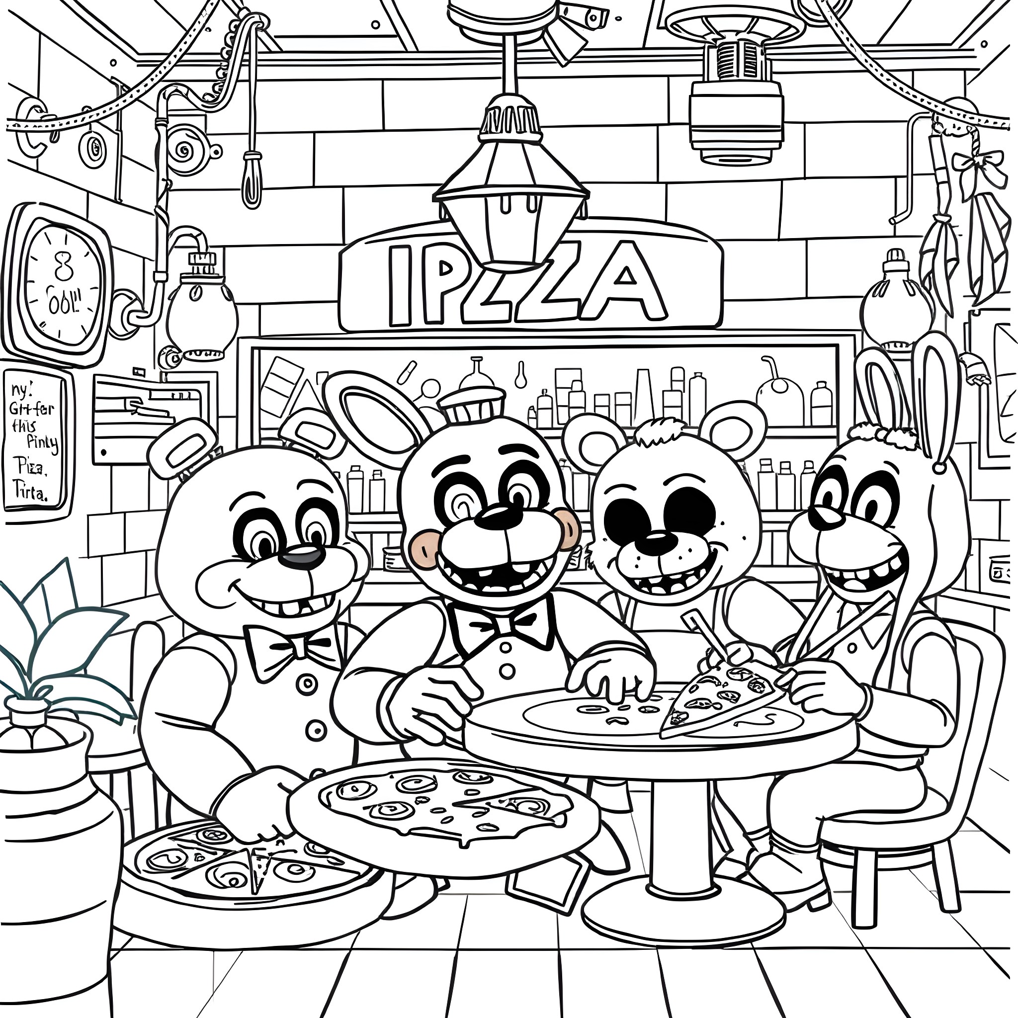 FNAF Pizza Party with Animatronic Characters Coloring Page (free black-and-white line drawing printable PDF for all, from beginners to advanced learners, including children, teens, adults, and seniors)