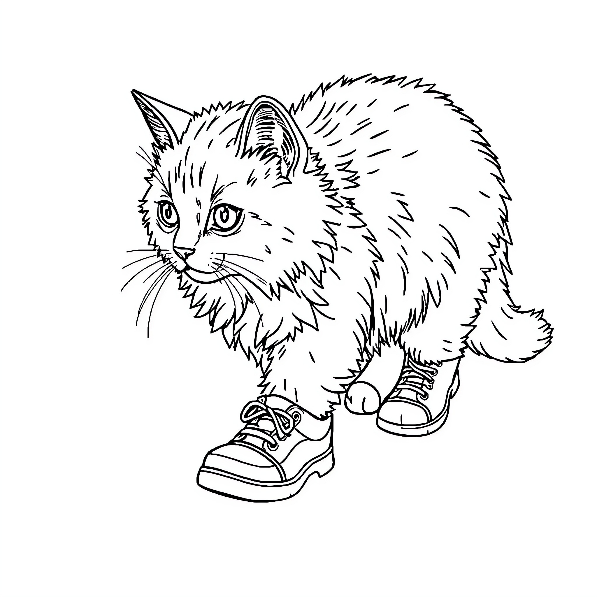 Cat wearing sneakers Coloring Page (free black-and-white line drawing printable PDF for all, from beginners to advanced learners, including children, teens, adults, and seniors)