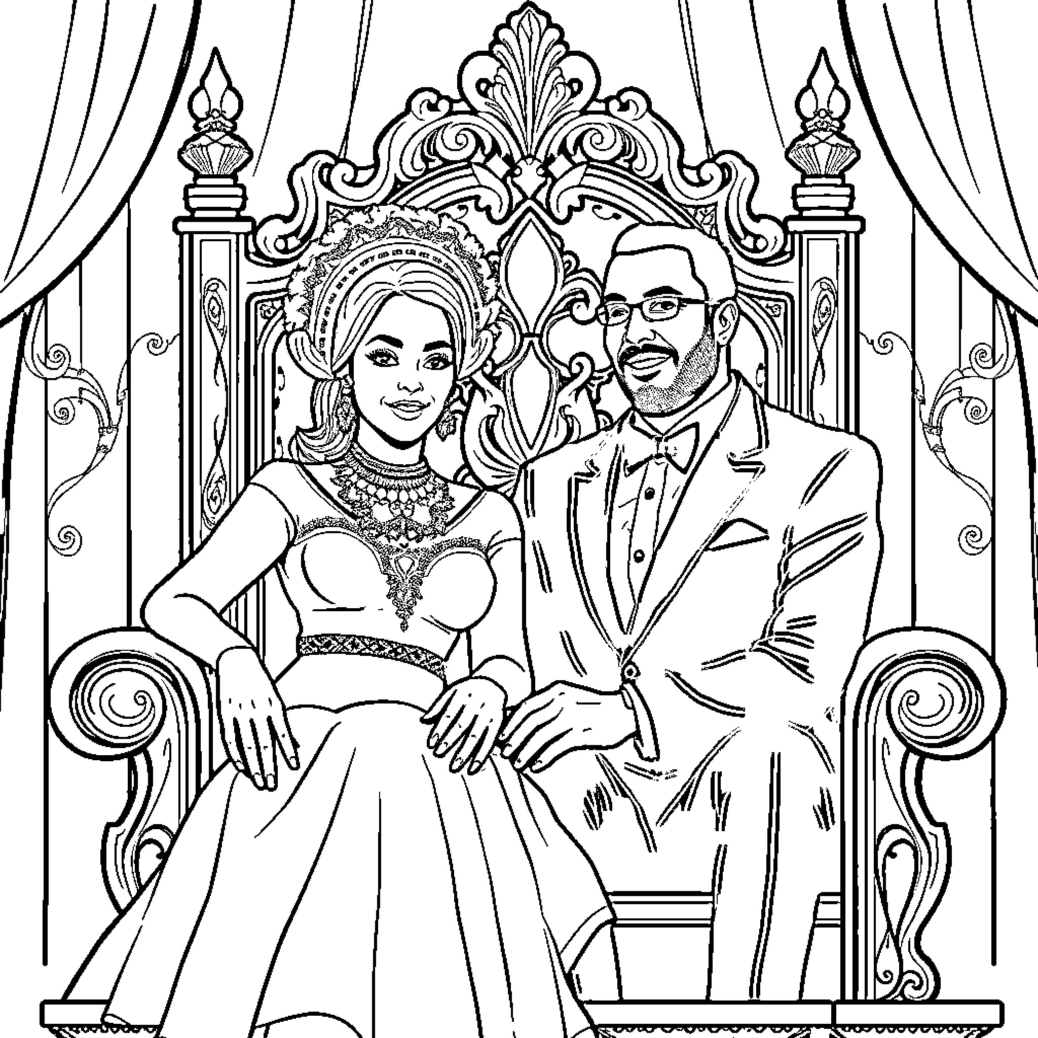 Couple in formal attire posing on ornate throne Coloring Page (free black-and-white line drawing printable PDF for all, from beginners to advanced learners, including children, teens, adults, and seniors)