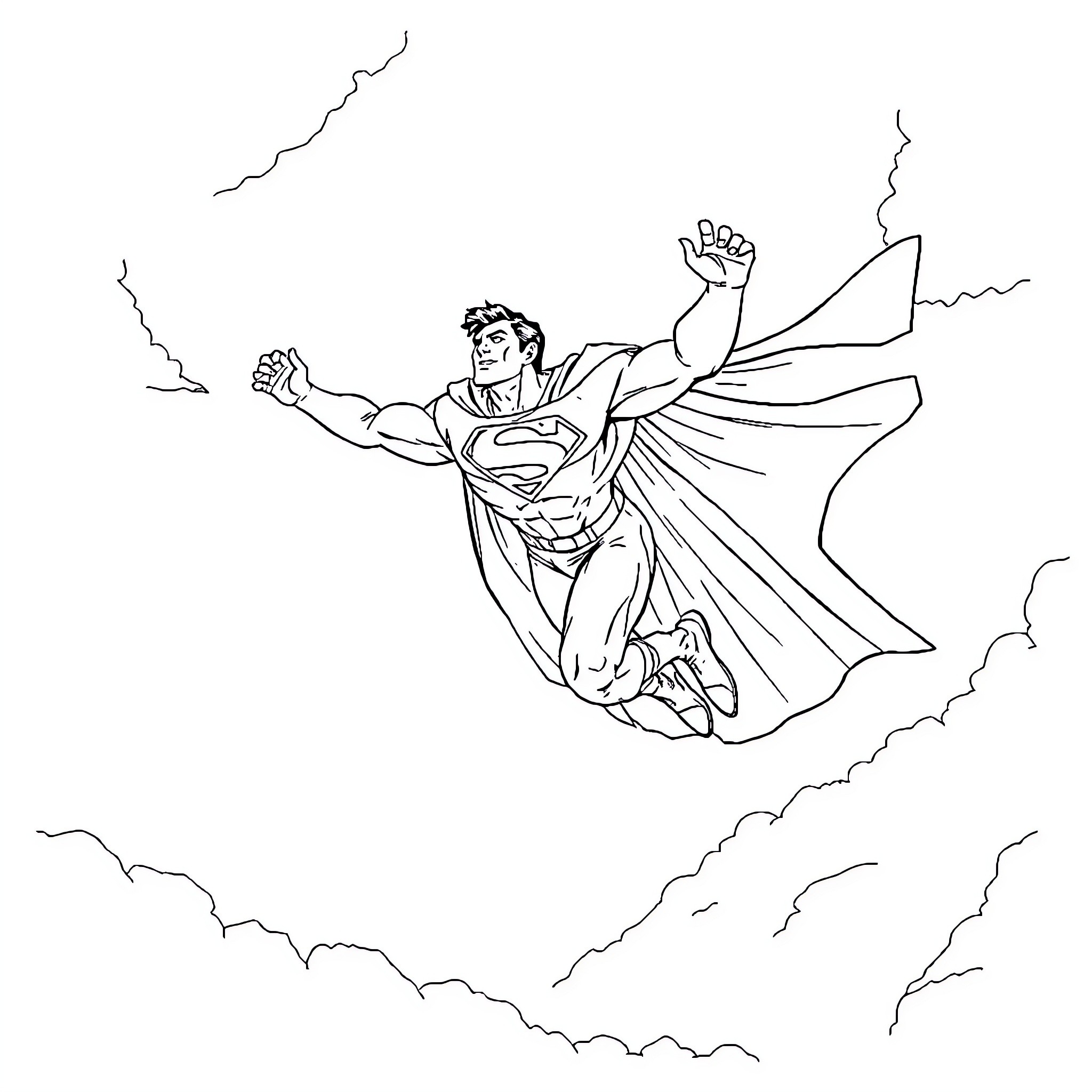 Superman flying heroically through the sky Coloring Page (free black-and-white line drawing printable PDF for all, from beginners to advanced learners, including children, teens, adults, and seniors)