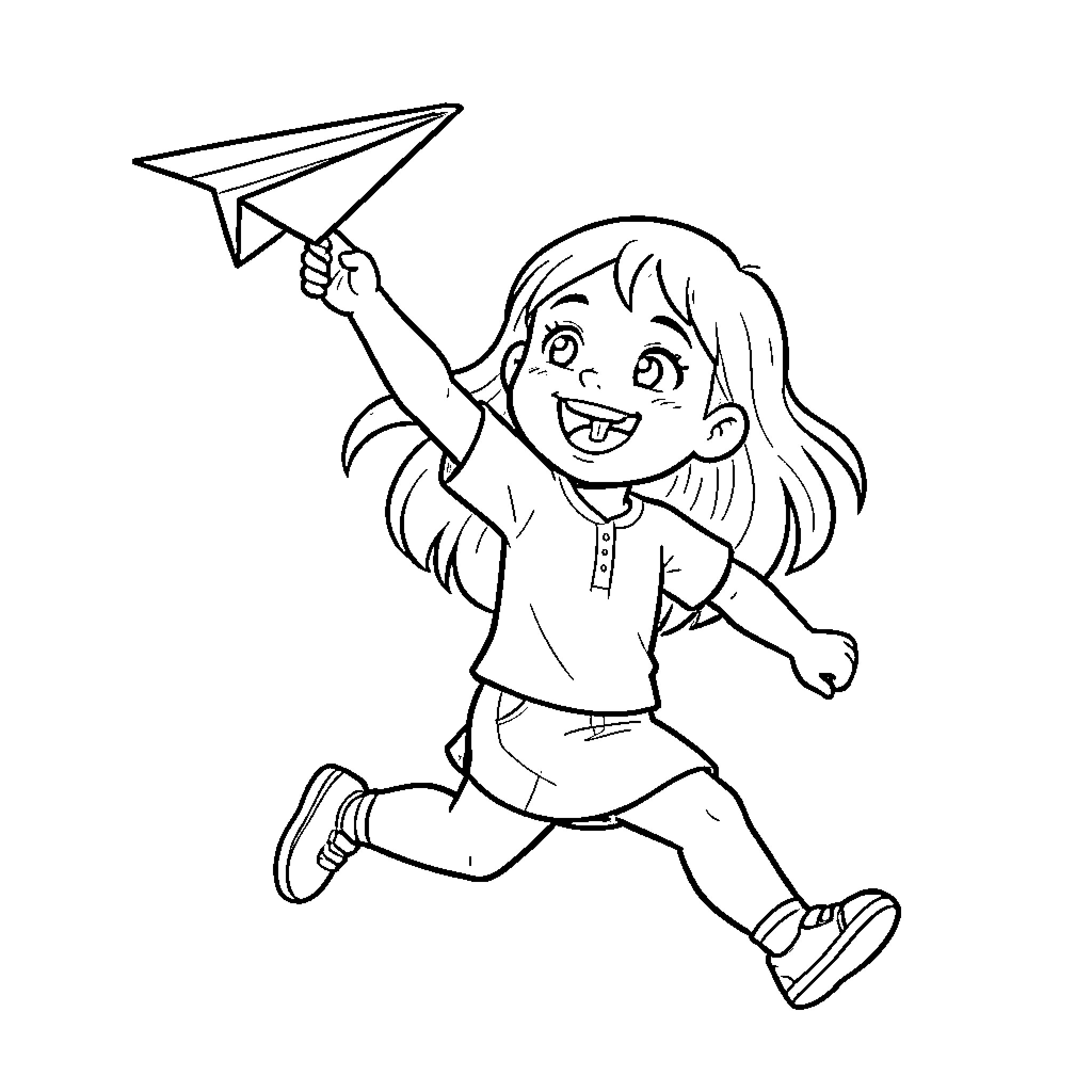 Zineb running joyfully while flying a paper airplane Coloring Page (free black-and-white line drawing printable PDF for all, from beginners to advanced learners, including children, teens, adults, and seniors)