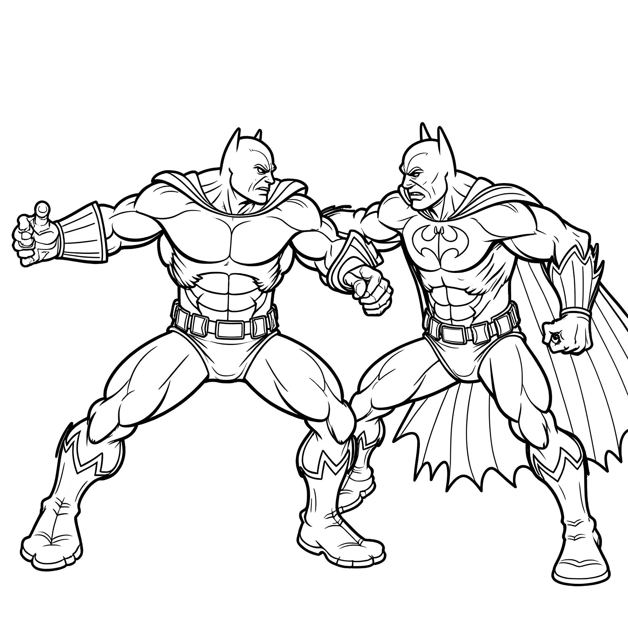 Batman and Batman Fighting in Heroic Battle Coloring Page (free black-and-white line drawing printable PDF for all, from beginners to advanced learners, including children, teens, adults, and seniors)