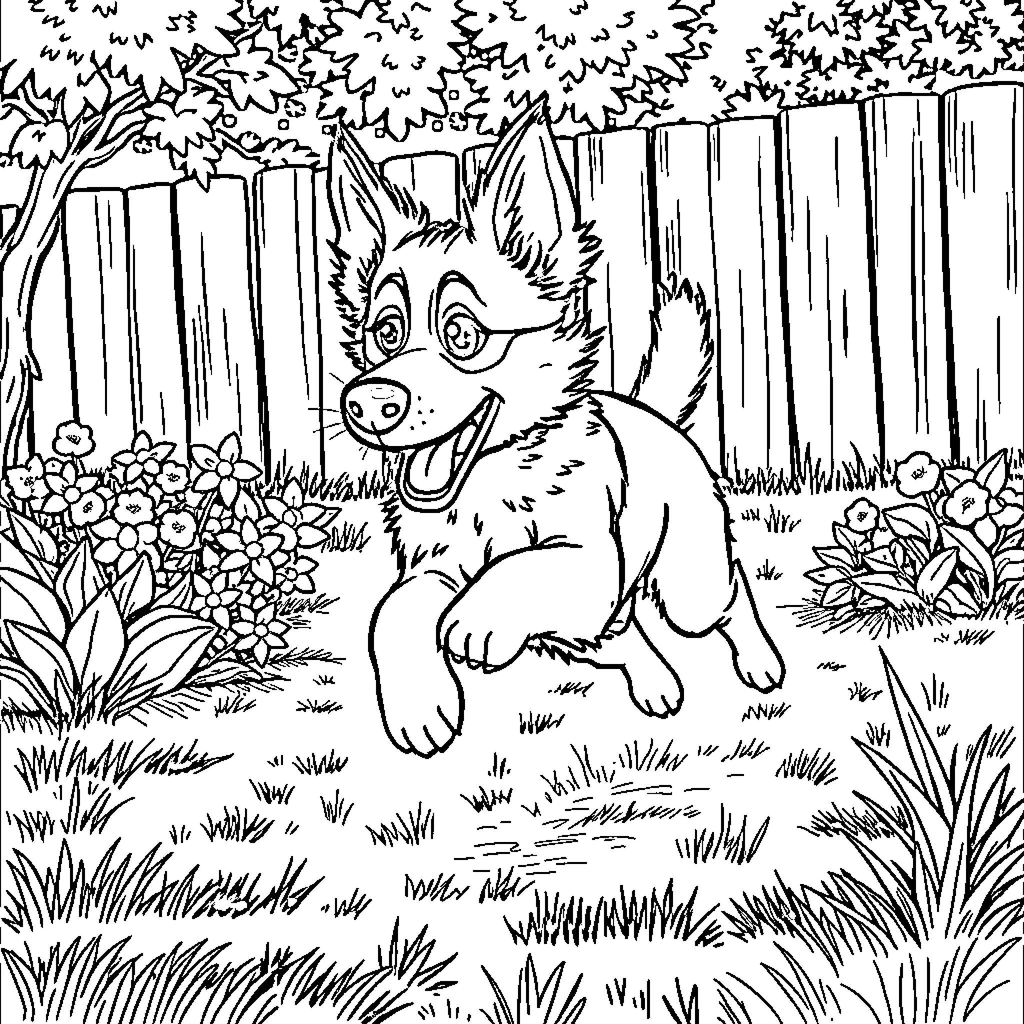 Bluey playing in the garden with flowers Coloring Page (free black-and-white line drawing printable PDF for all, from beginners to advanced learners, including children, teens, adults, and seniors)