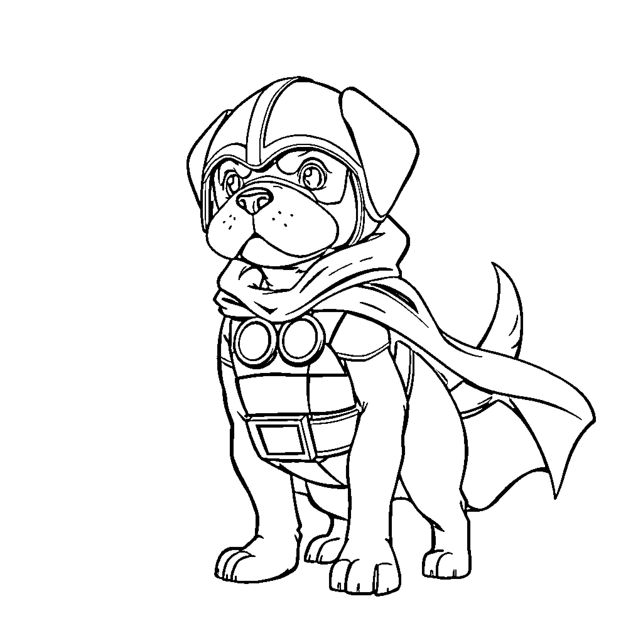Dog in Superhero Costume Coloring Page (free black-and-white line drawing printable PDF for all, from beginners to advanced learners, including children, teens, adults, and seniors)