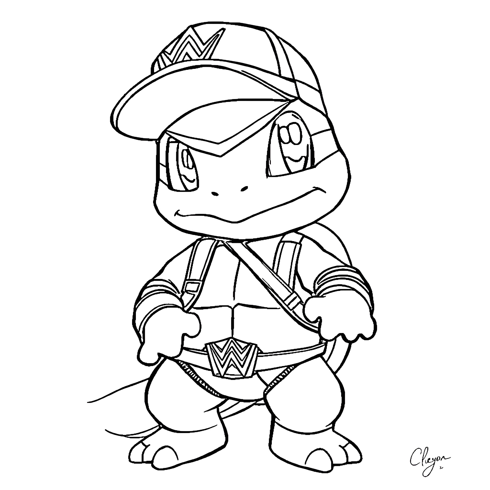 Squirtle in Adventurer Outfit Coloring Page (free black-and-white line drawing printable PDF for all, from beginners to advanced learners, including children, teens, adults, and seniors)