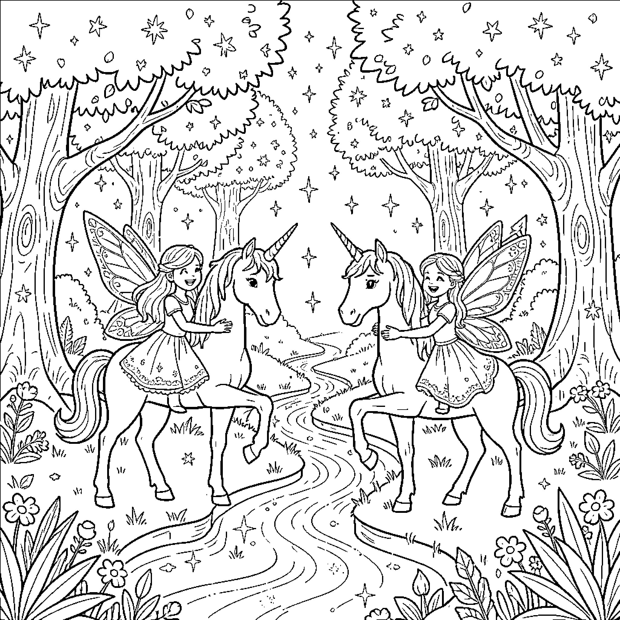 Fairy riding a unicorn through a magical forest Coloring Page (free black-and-white line drawing printable PDF for all, from beginners to advanced learners, including children, teens, adults, and seniors)
