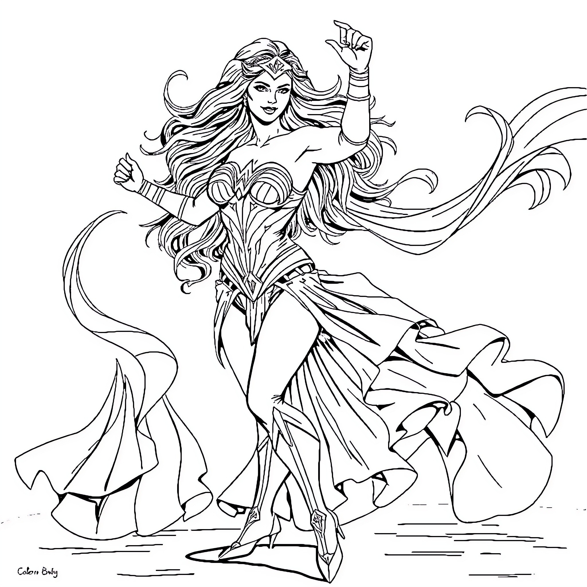 Wonder Woman in Heroic Battle Pose Coloring Page (free black-and-white line drawing printable PDF for all, from beginners to advanced learners, including children, teens, adults, and seniors)