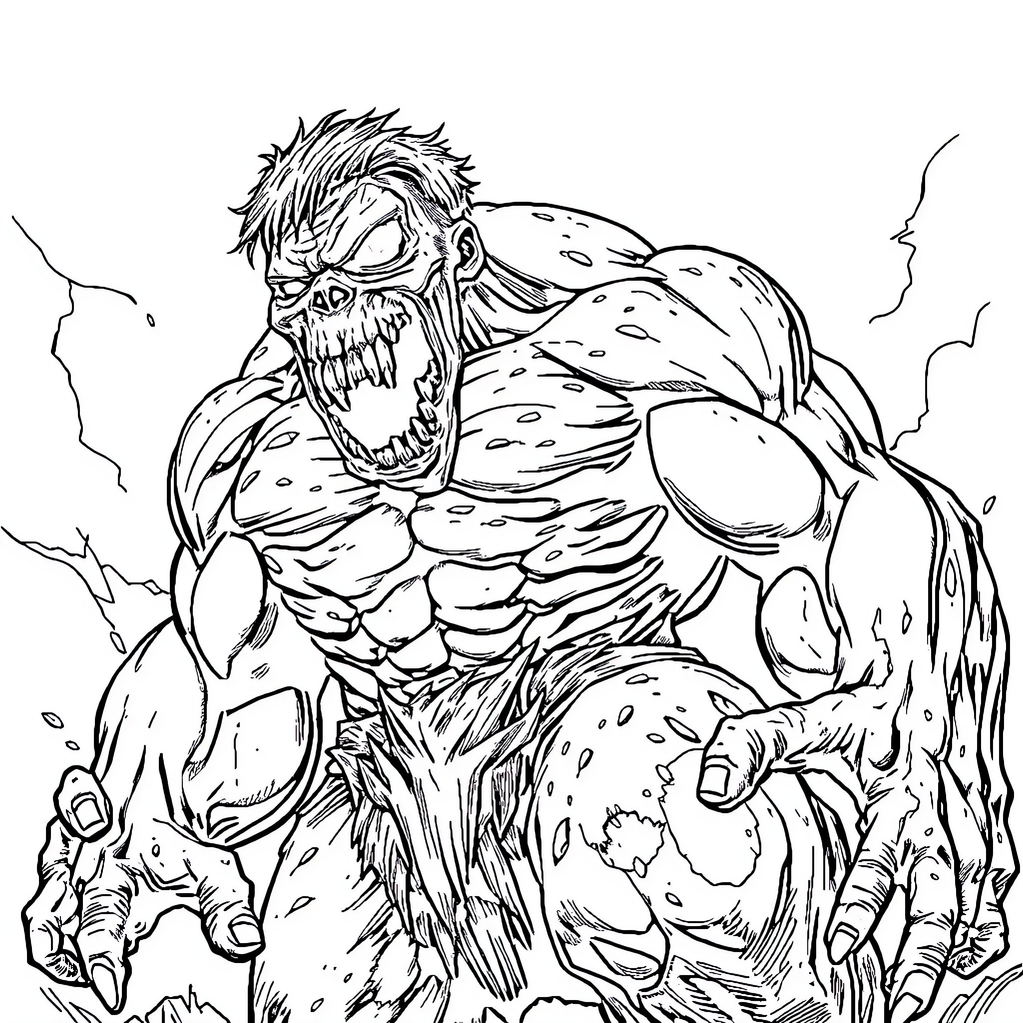 Zombie Hulk Unleashing Monstrous Fury Coloring Page (free black-and-white line drawing printable PDF for all, from beginners to advanced learners, including children, teens, adults, and seniors)