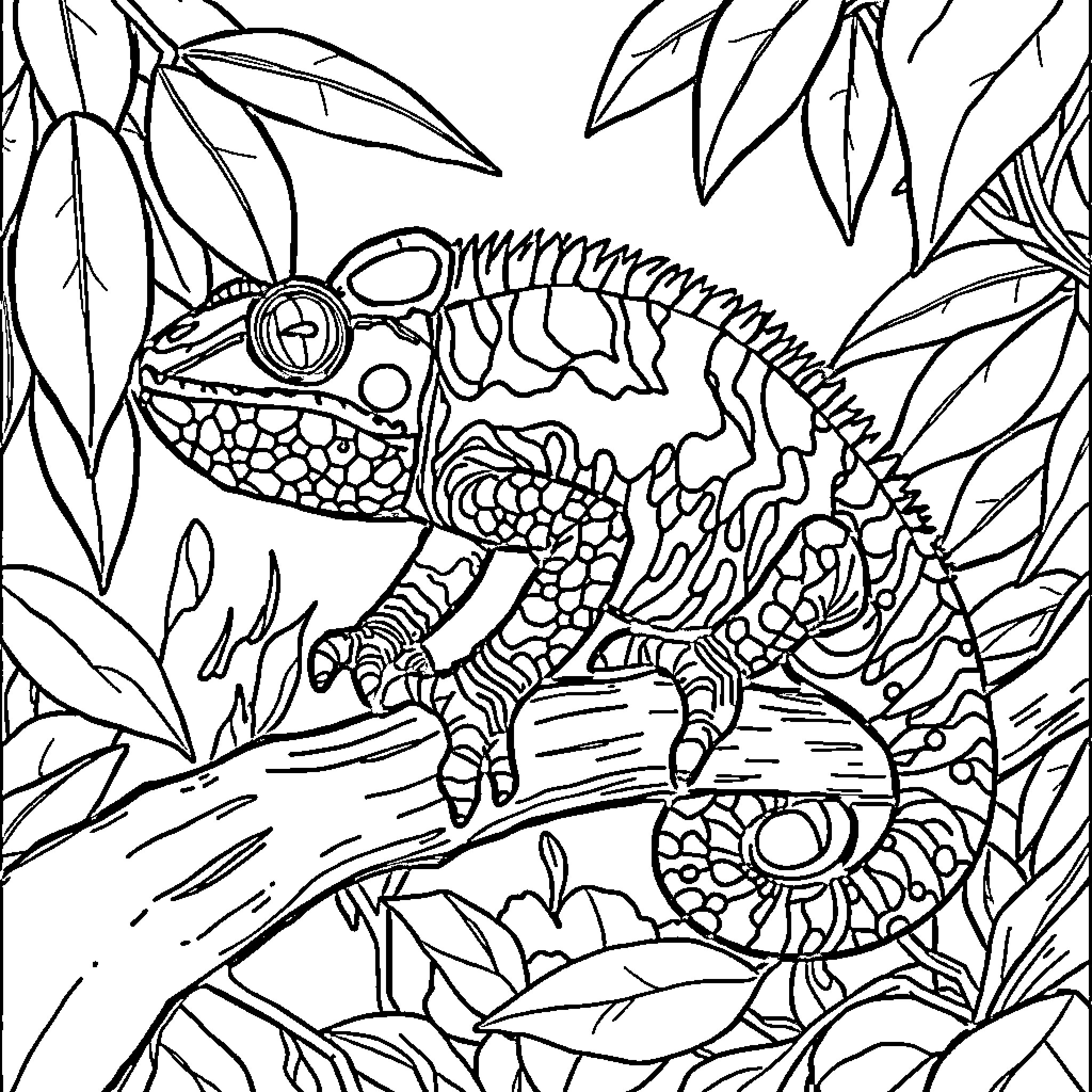 Chameleon amidst lush foliage Coloring Page (free black-and-white line drawing printable PDF for all, from beginners to advanced learners, including children, teens, adults, and seniors)