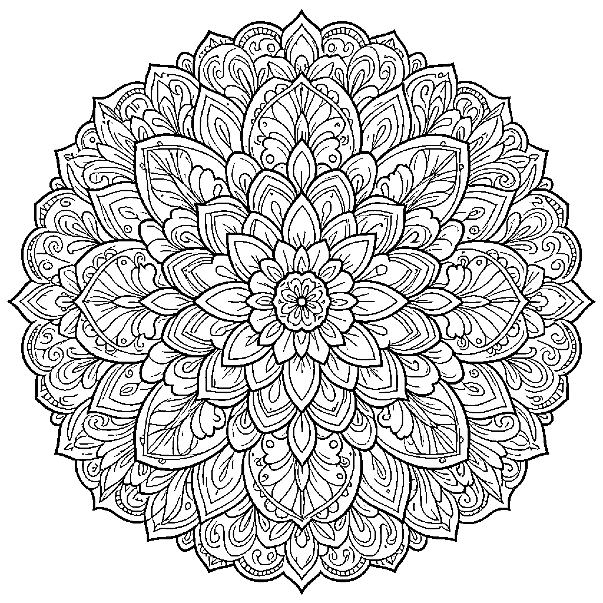 Mandala with intricate floral patterns Coloring Page (free black-and-white line drawing printable PDF for all, from beginners to advanced learners, including children, teens, adults, and seniors)