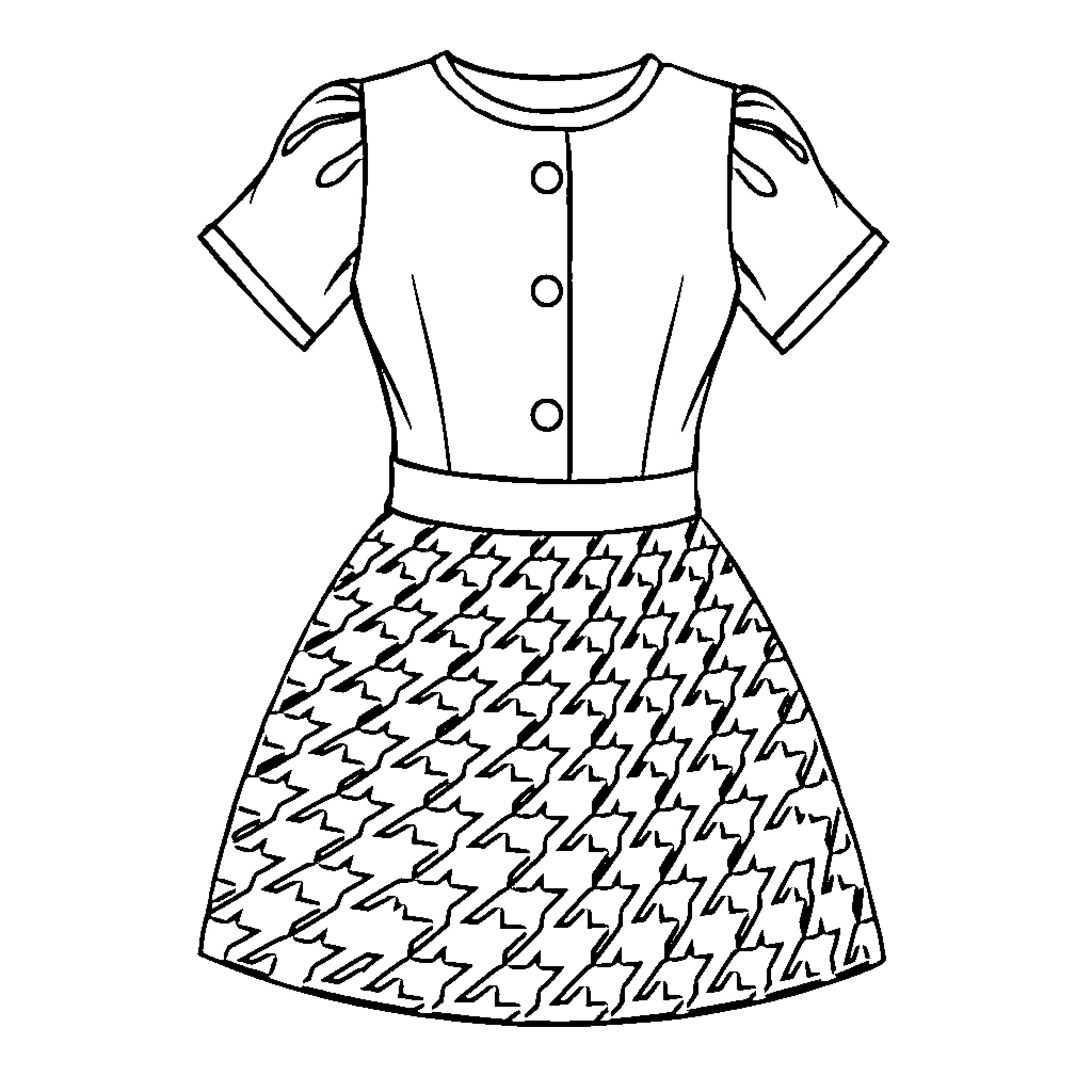 Houndstooth dress with puffy sleeves Coloring Page (free black-and-white line drawing printable PDF for all, from beginners to advanced learners, including children, teens, adults, and seniors)