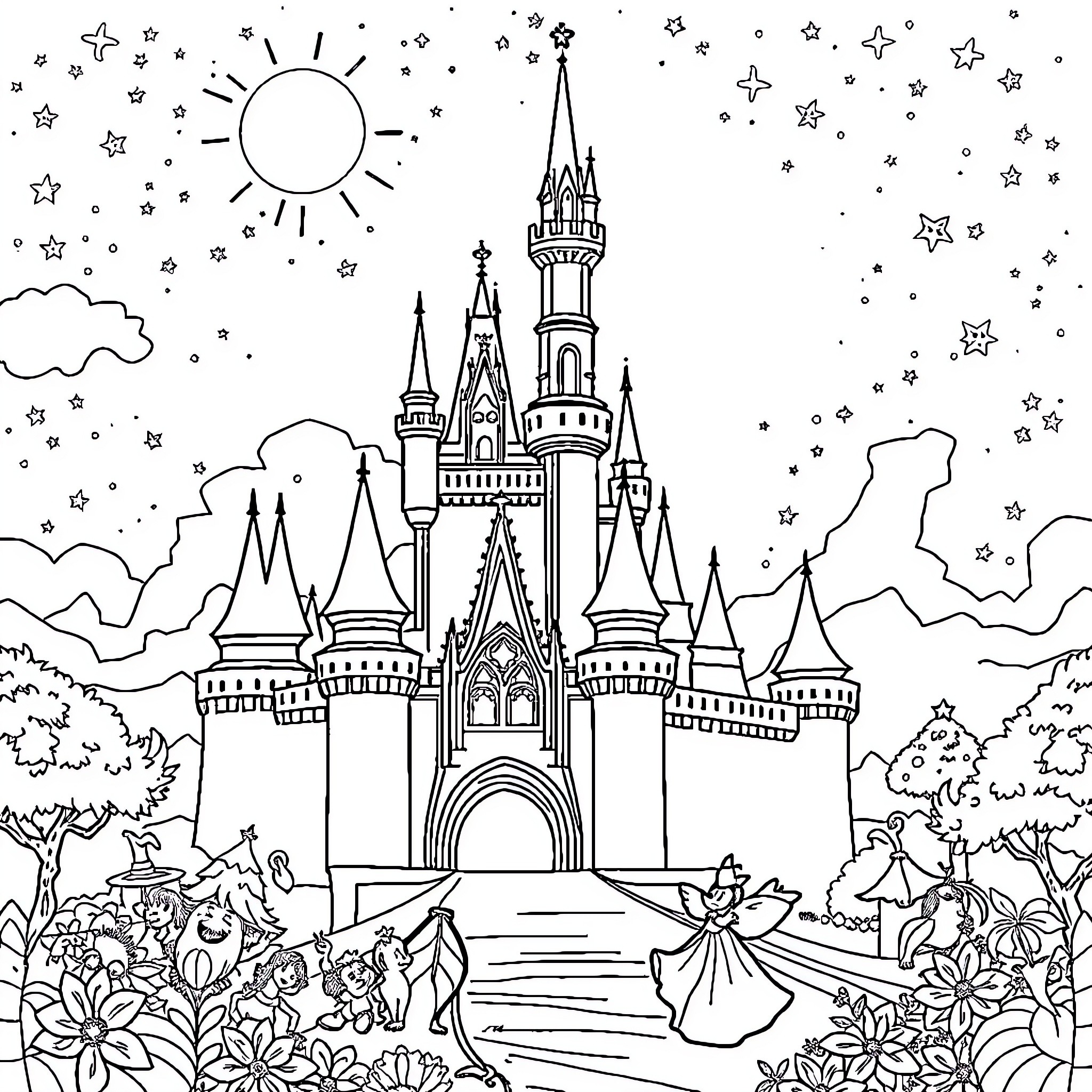 Disney Castle in Magical Daytime Landscape Coloring Page (free black-and-white line drawing printable PDF for all, from beginners to advanced learners, including children, teens, adults, and seniors)
