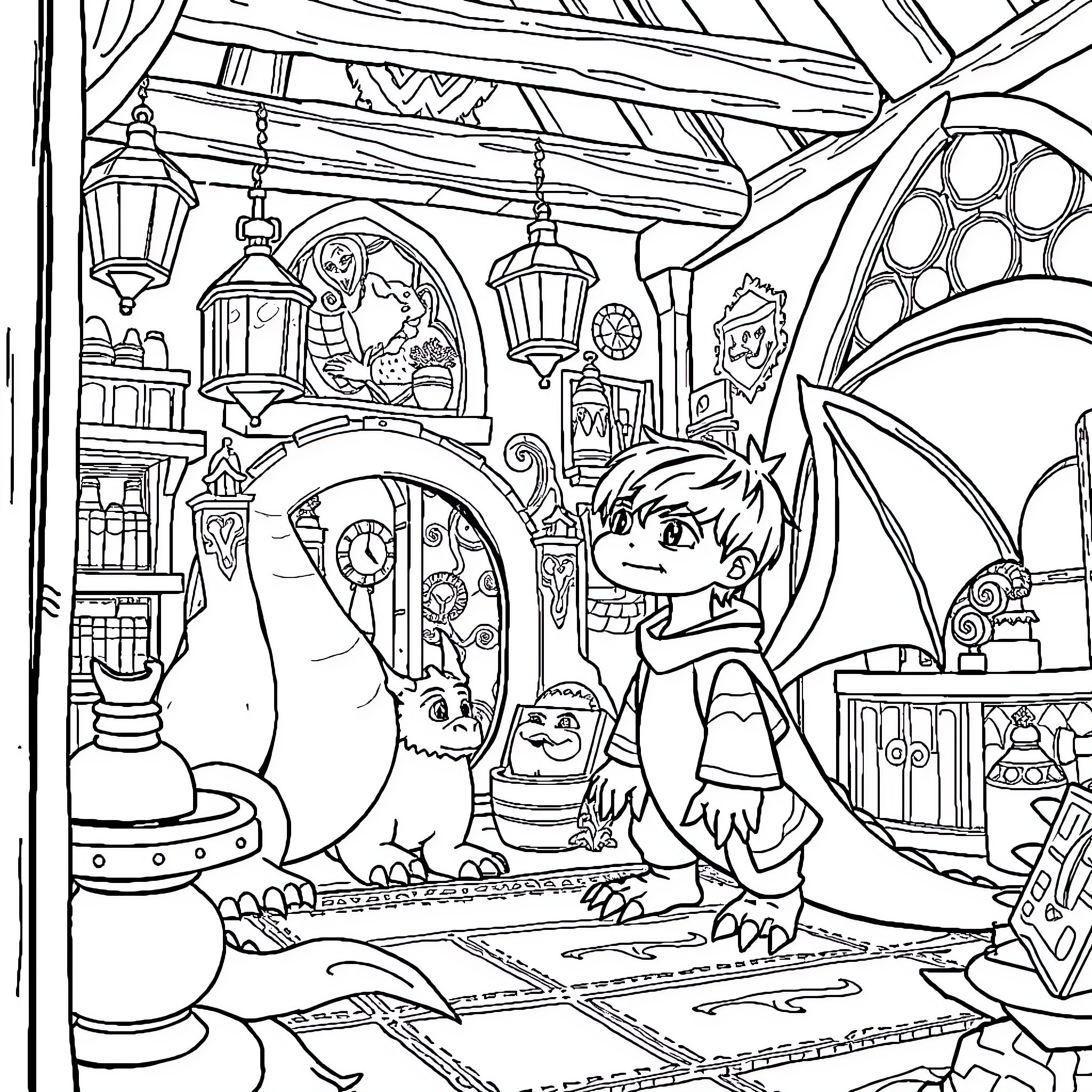 Dragon-Themed Fantasy Workshop with Whimsical Characters Coloring Page (free black-and-white line drawing printable PDF for all, from beginners to advanced learners, including children, teens, adults, and seniors)