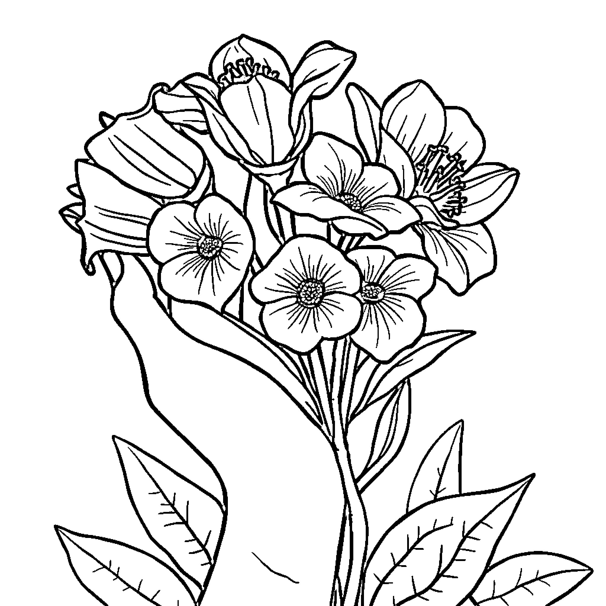 Hand-drawn bouquet of blooming flowers Coloring Page (free black-and-white line drawing printable PDF for all, from beginners to advanced learners, including children, teens, adults, and seniors)