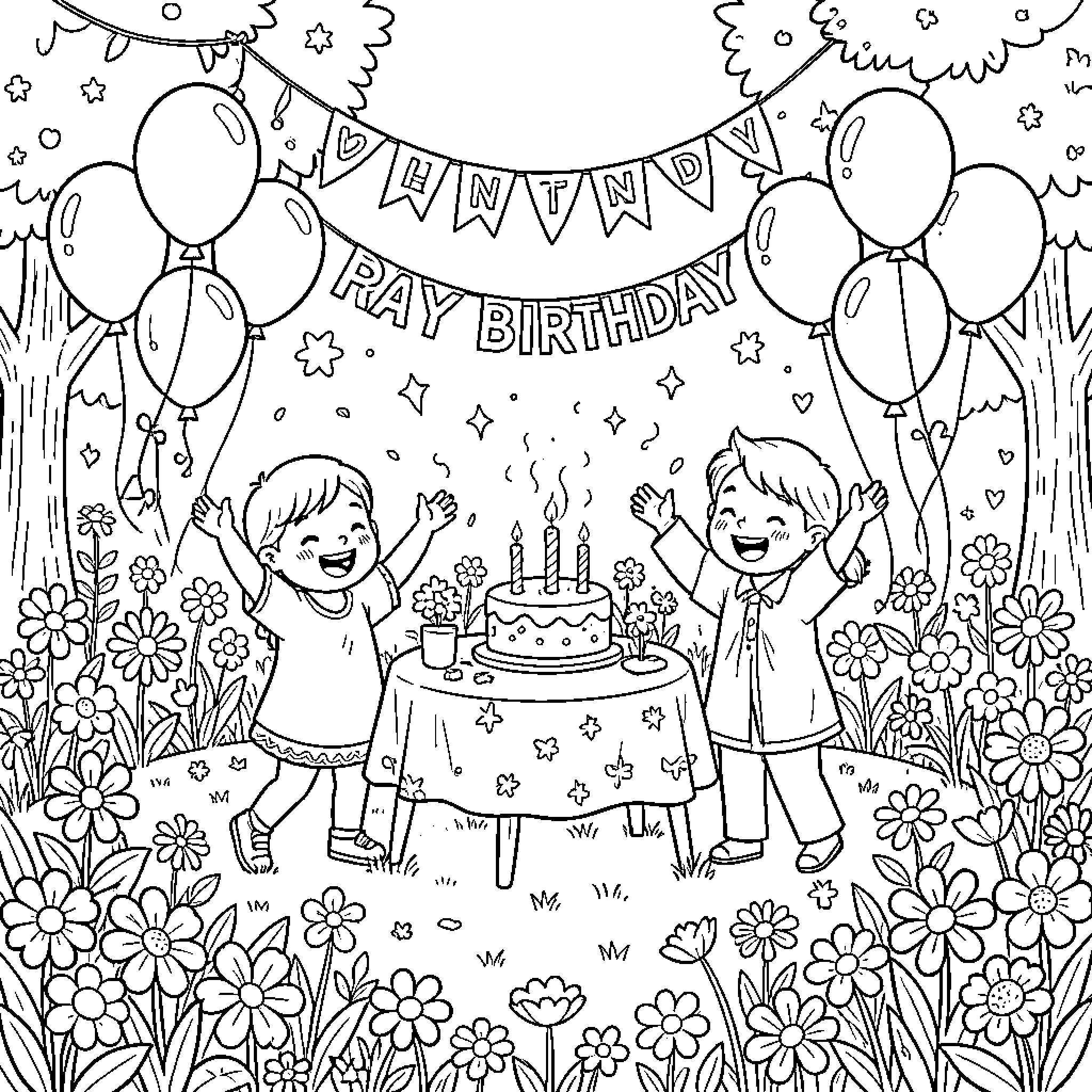 Birthday Party with Friends Celebrating Coloring Page (free black-and-white line drawing printable PDF for all, from beginners to advanced learners, including children, teens, adults, and seniors)
