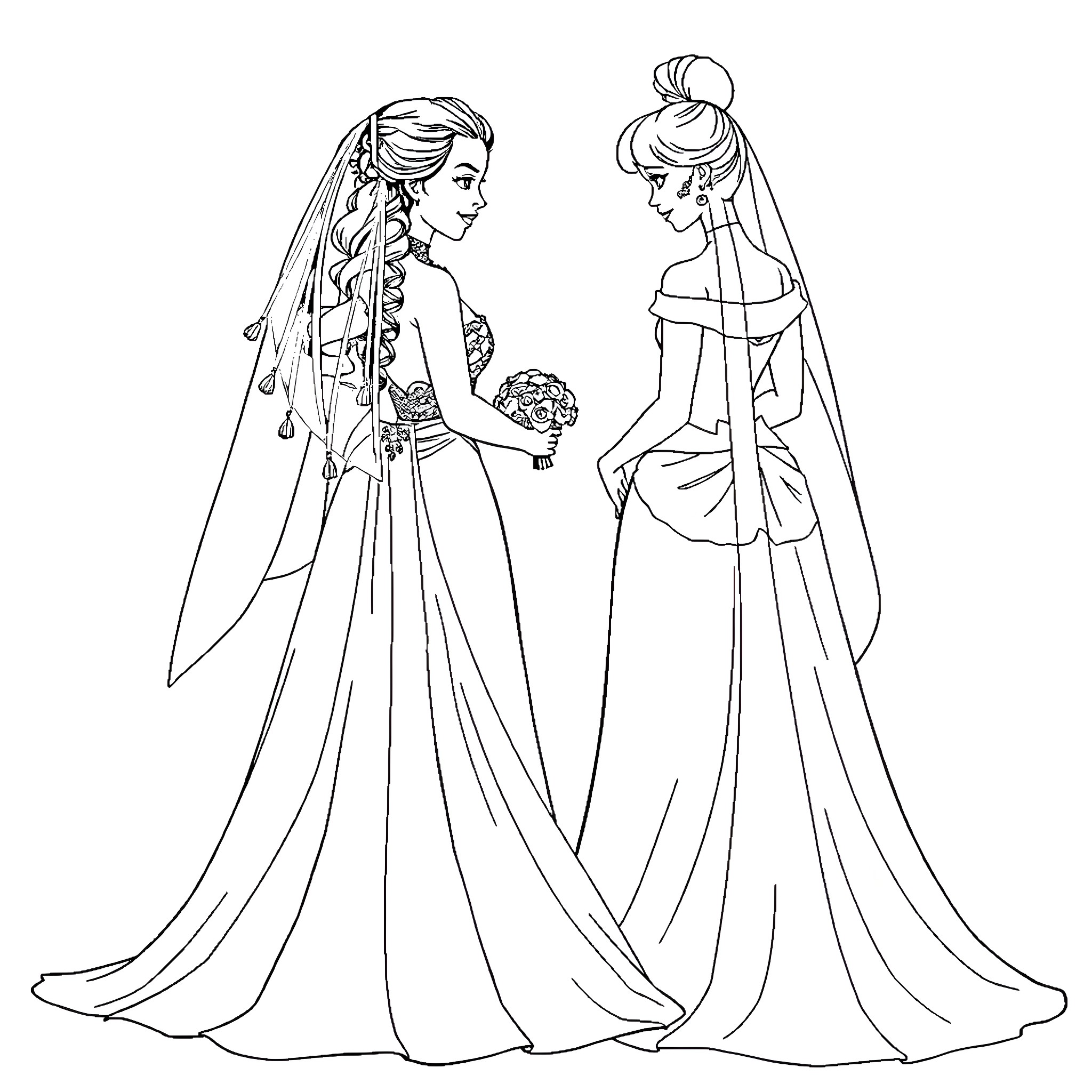 Bride and Maid of Honor in Elegant Bridal Attire Coloring Page (free black-and-white line drawing printable PDF for all, from beginners to advanced learners, including children, teens, adults, and seniors)