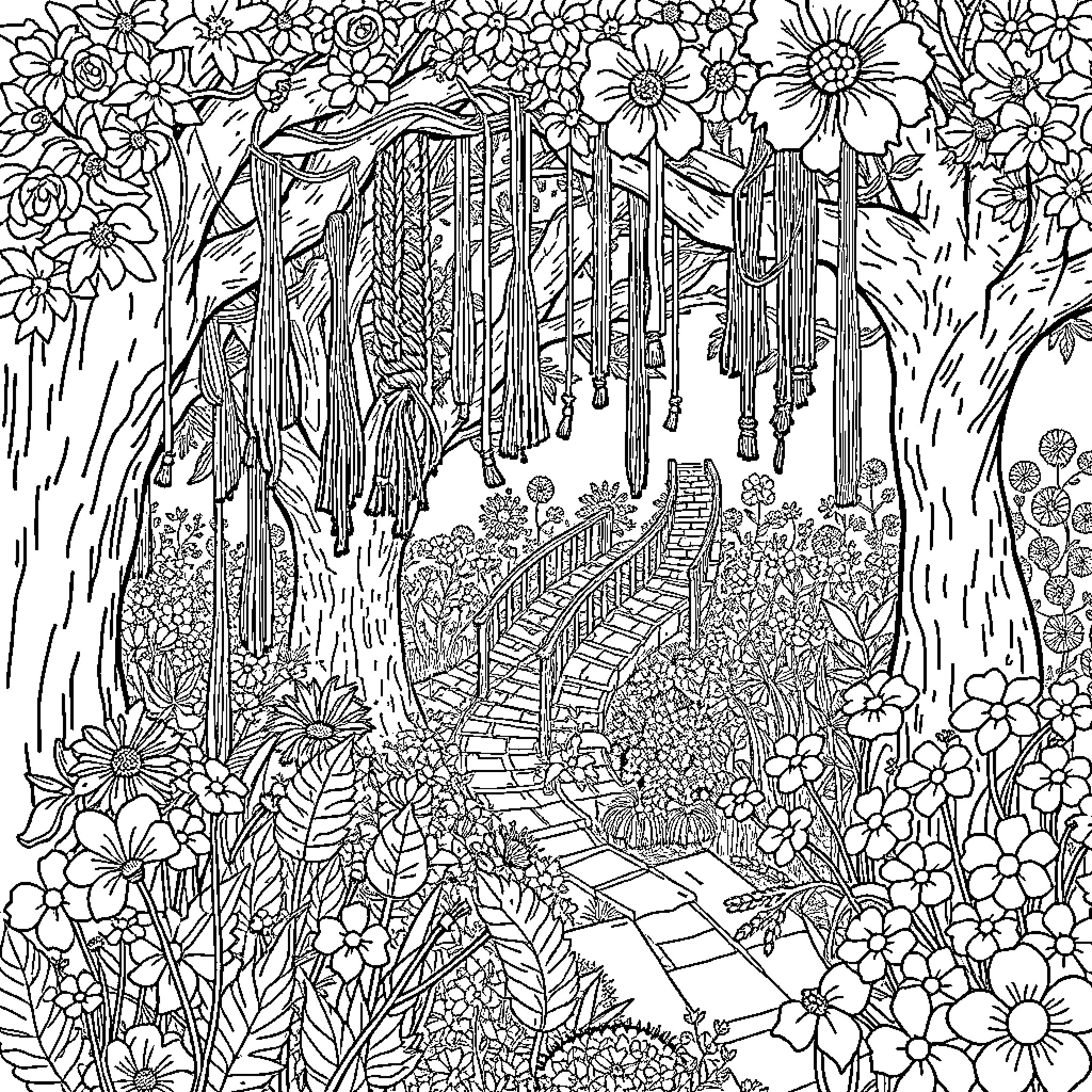 Yarn Fantasy Garden Path Adorned with Flowers Coloring Page (free black-and-white line drawing printable PDF for all, from beginners to advanced learners, including children, teens, adults, and seniors)