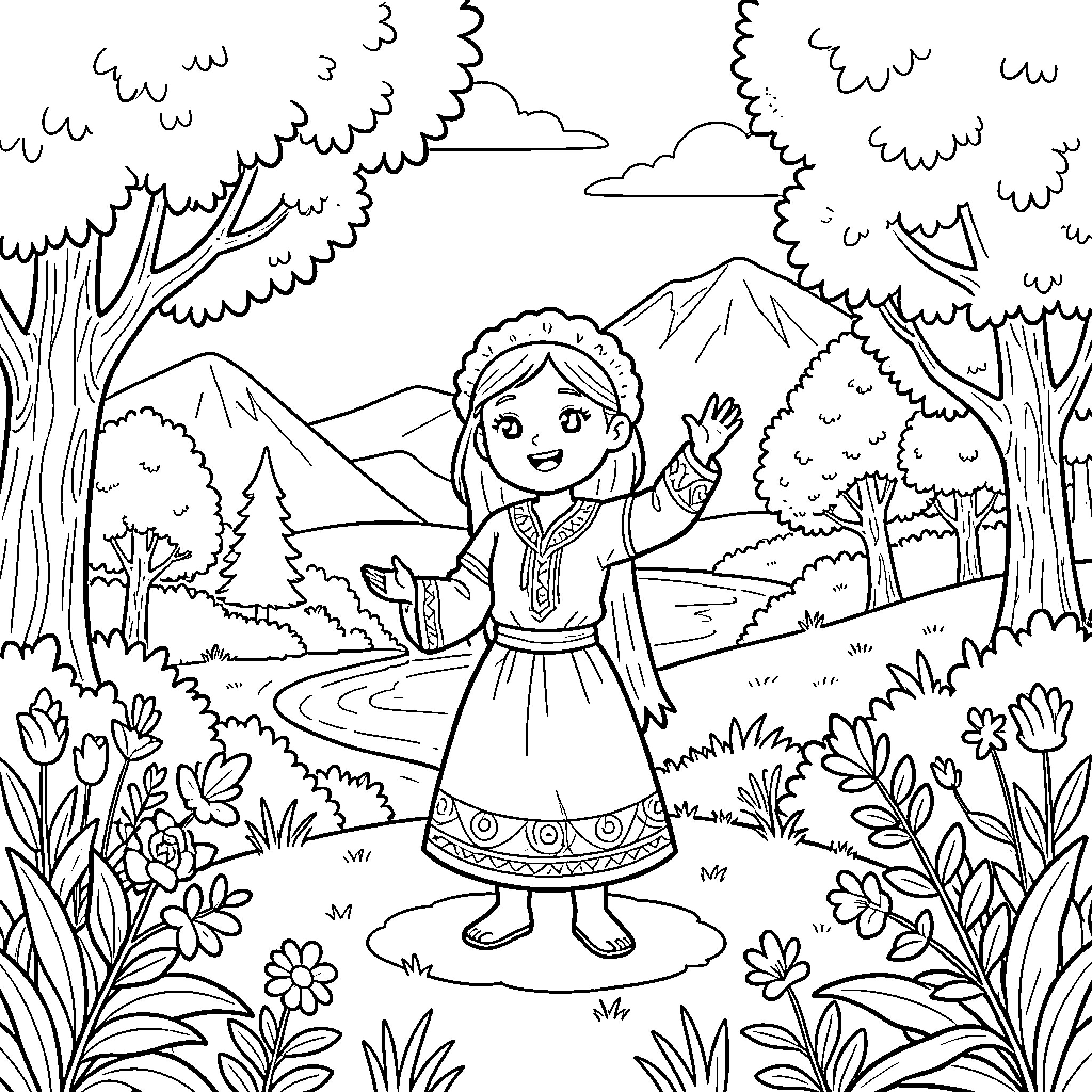 Peyi girl waving happily in a scenic landscape Coloring Page (free black-and-white line drawing printable PDF for all, from beginners to advanced learners, including children, teens, adults, and seniors)