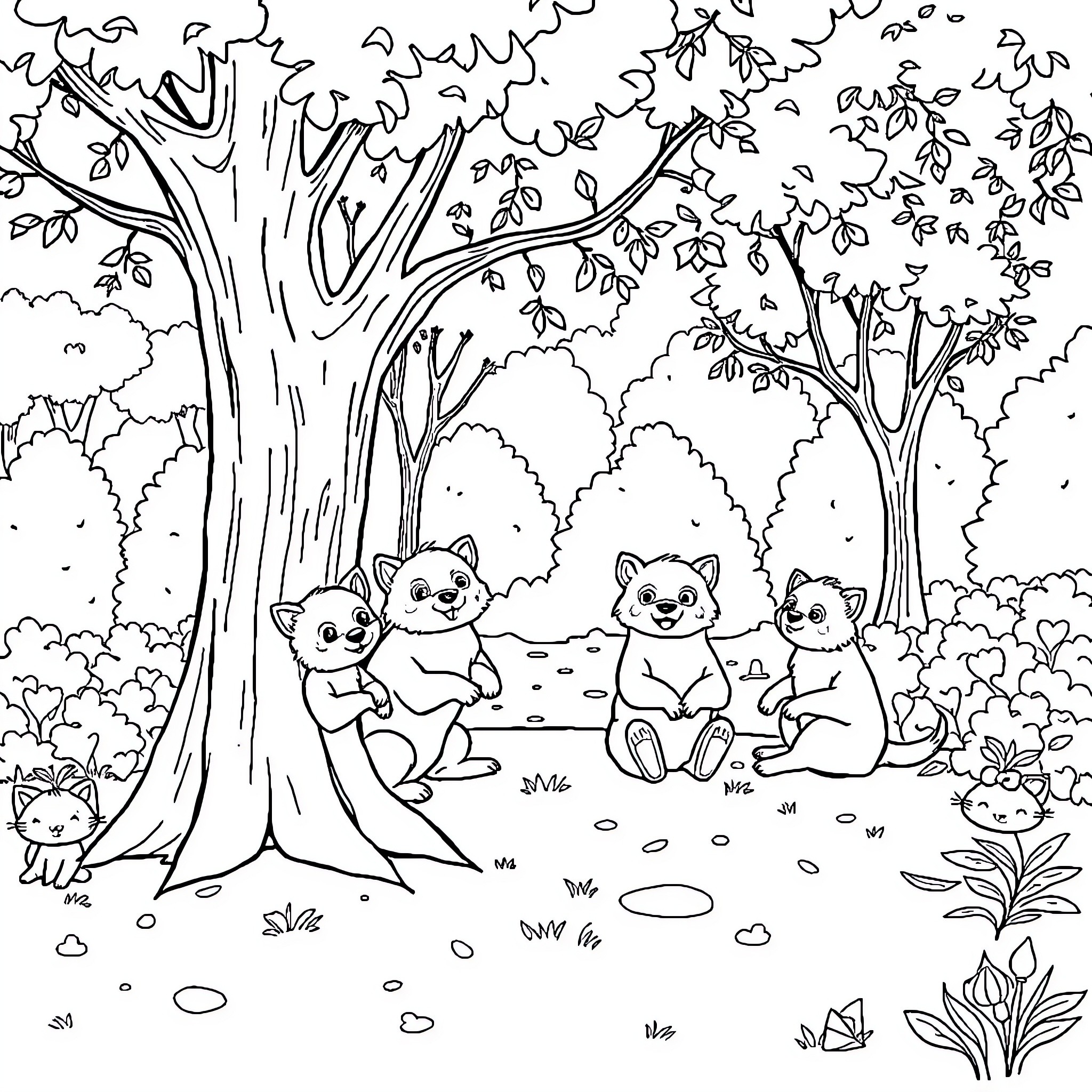 Perrito playing with friends in the forest Coloring Page (free black-and-white line drawing printable PDF for all, from beginners to advanced learners, including children, teens, adults, and seniors)