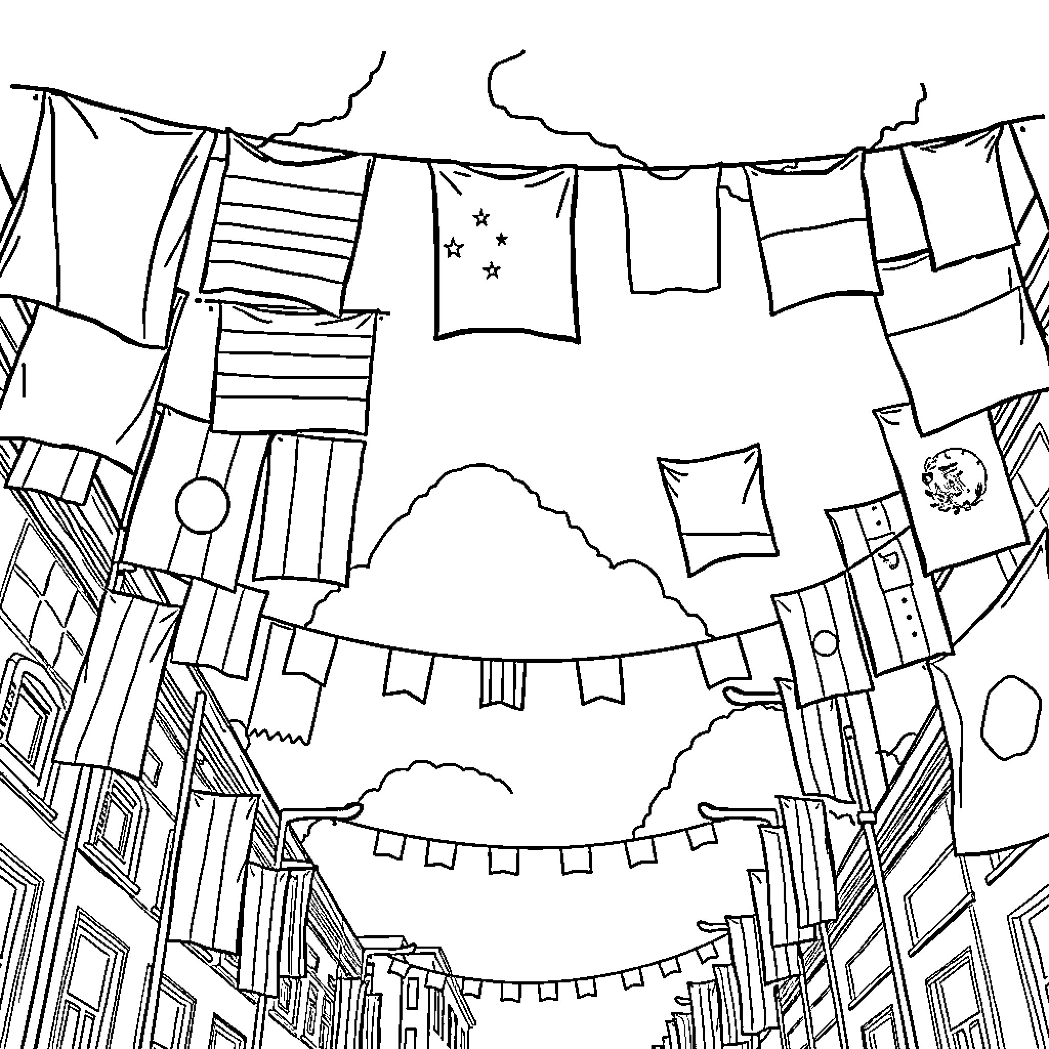 Banner of Festive Decorations and Flags Coloring Page (free black-and-white line drawing printable PDF for all, from beginners to advanced learners, including children, teens, adults, and seniors)