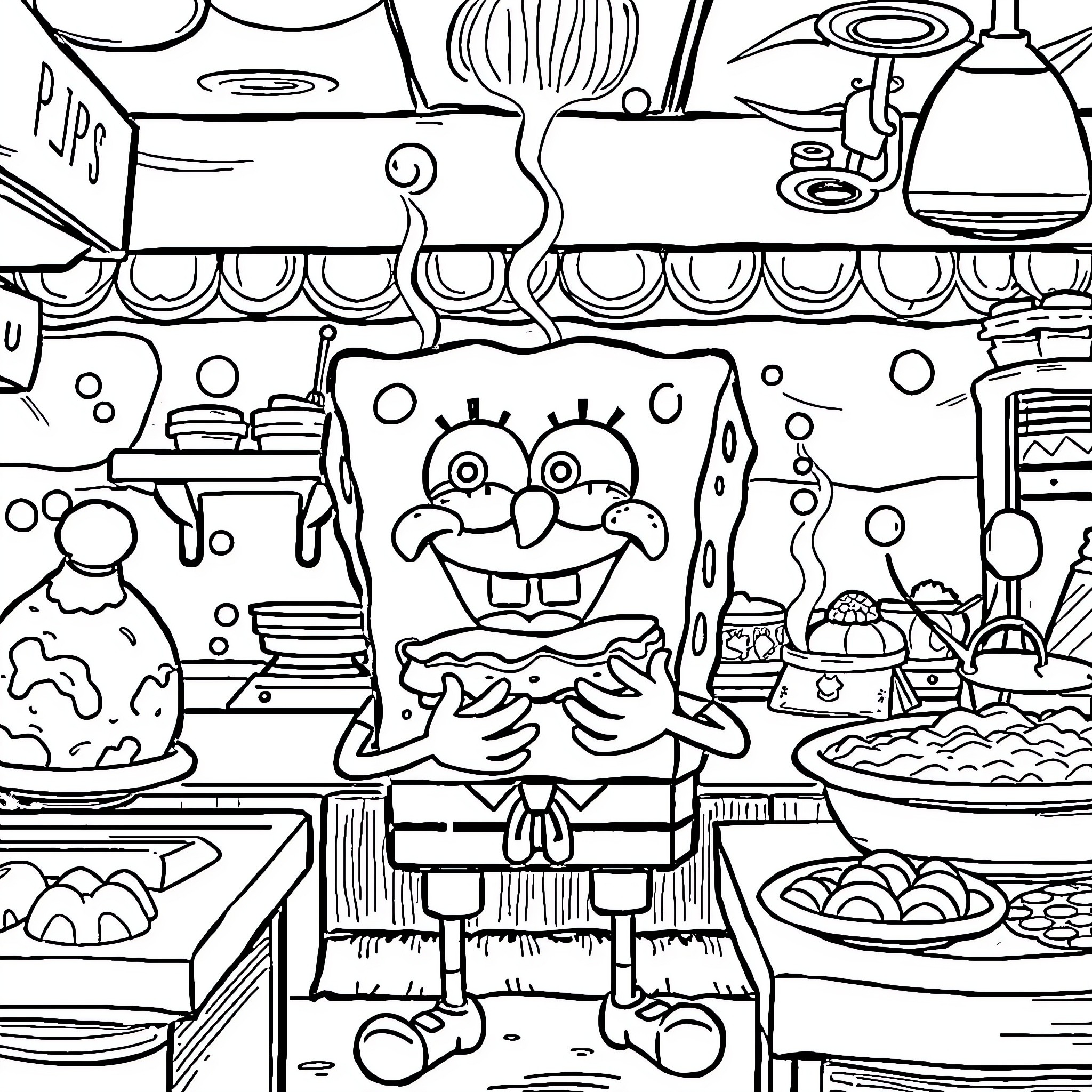 Spongebob's Humorous Kitchen Antics Coloring Page (free black-and-white line drawing printable PDF for all, from beginners to advanced learners, including children, teens, adults, and seniors)