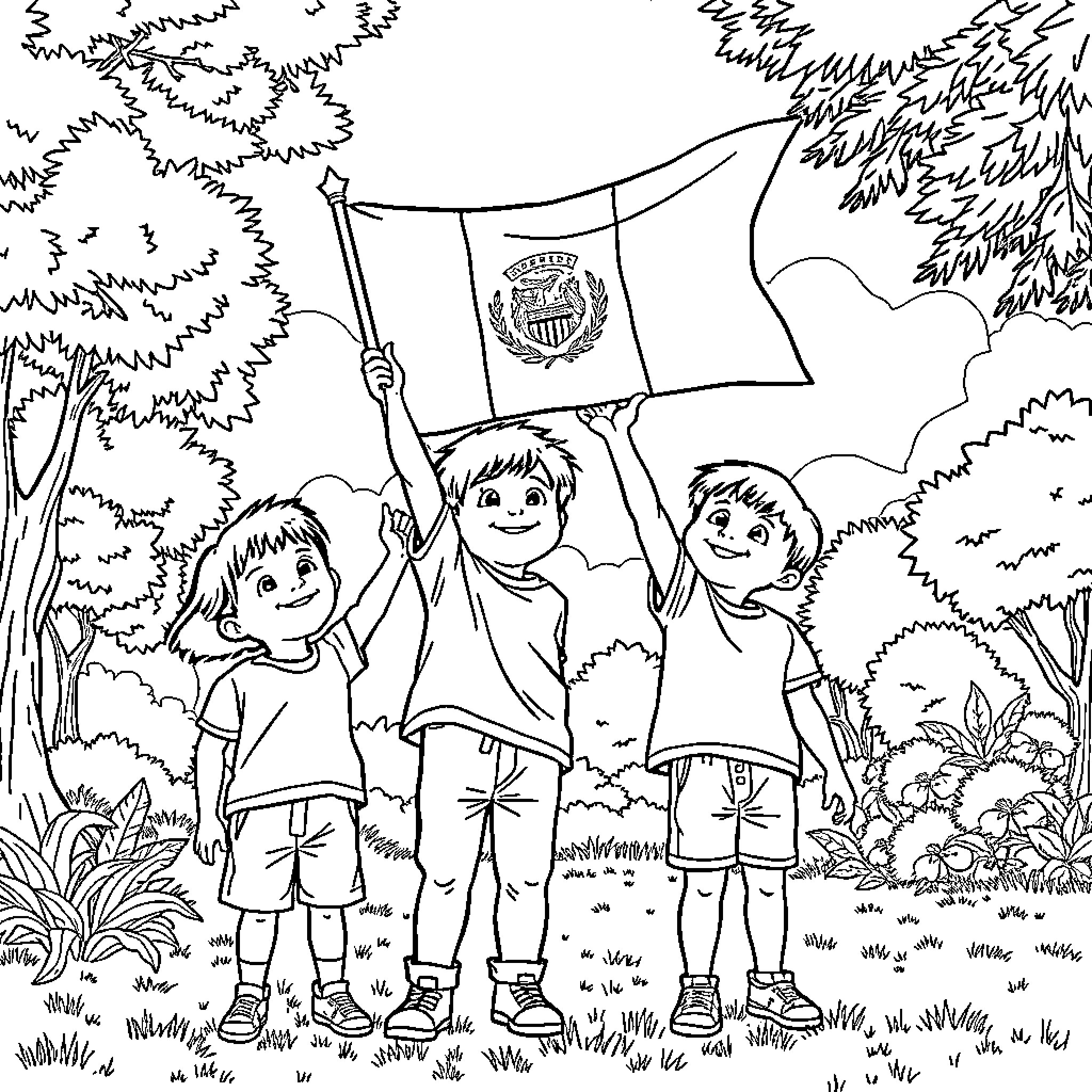 Niños waving flag with pride in the wilderness Coloring Page (free black-and-white line drawing printable PDF for all, from beginners to advanced learners, including children, teens, adults, and seniors)