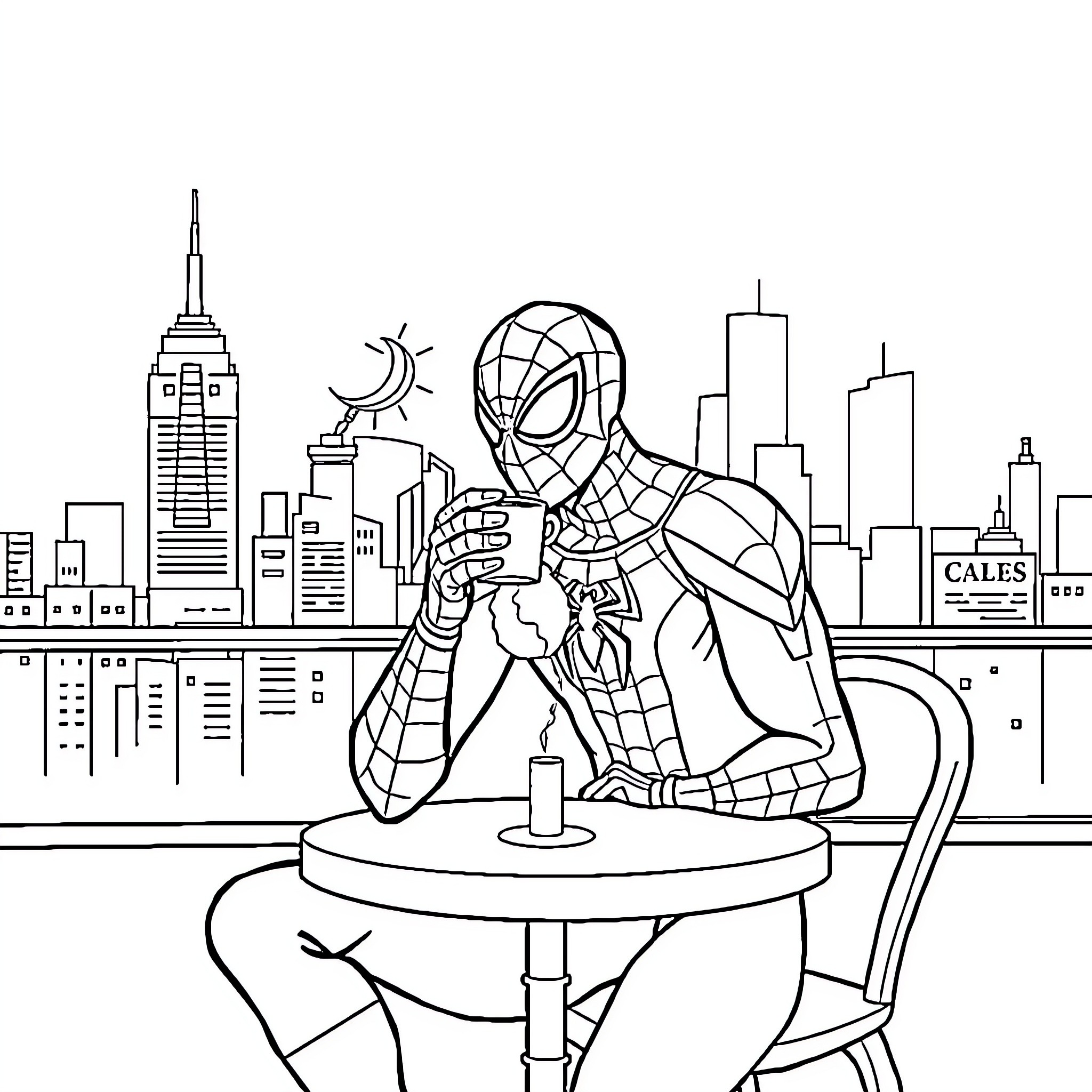 Spiderman relaxing in the city Coloring Page (free black-and-white line drawing printable PDF for all, from beginners to advanced learners, including children, teens, adults, and seniors)