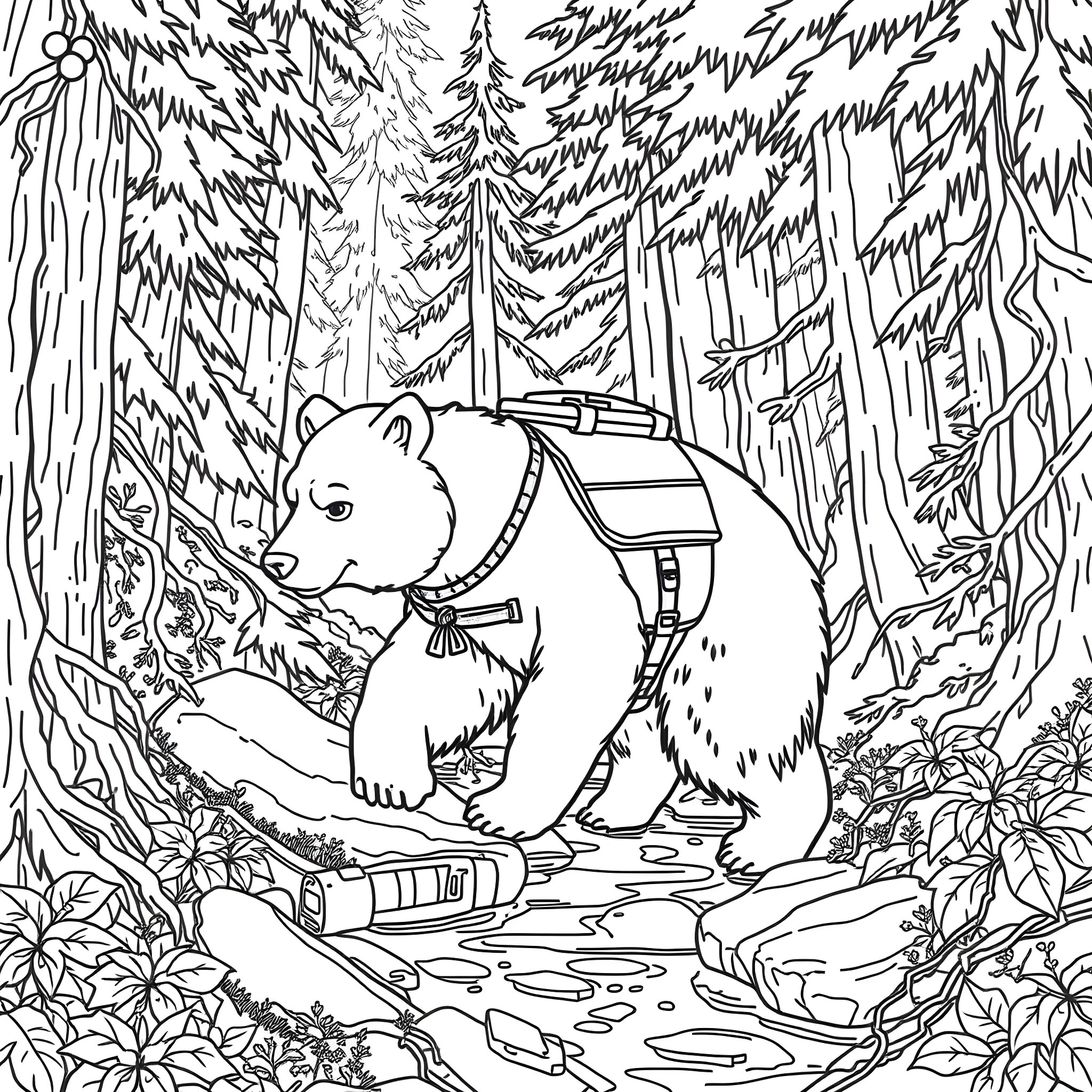 Bear Hiking through the Wilderness Coloring Page (free black-and-white line drawing printable PDF for all, from beginners to advanced learners, including children, teens, adults, and seniors)