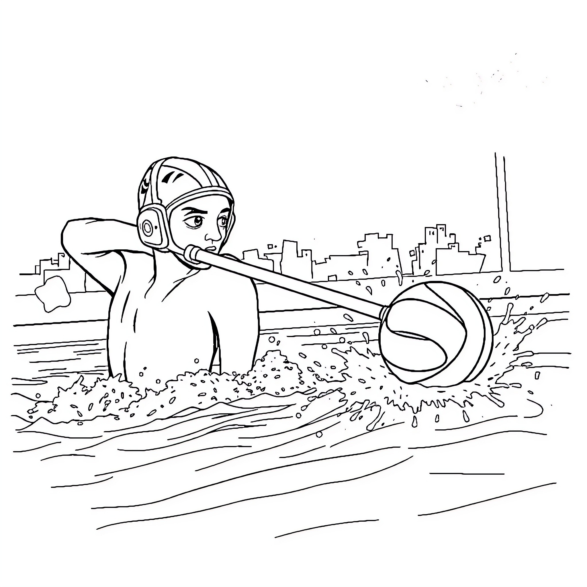 Water Polo Player Competing in the Pool Coloring Page (free black-and-white line drawing printable PDF for all, from beginners to advanced learners, including children, teens, adults, and seniors)