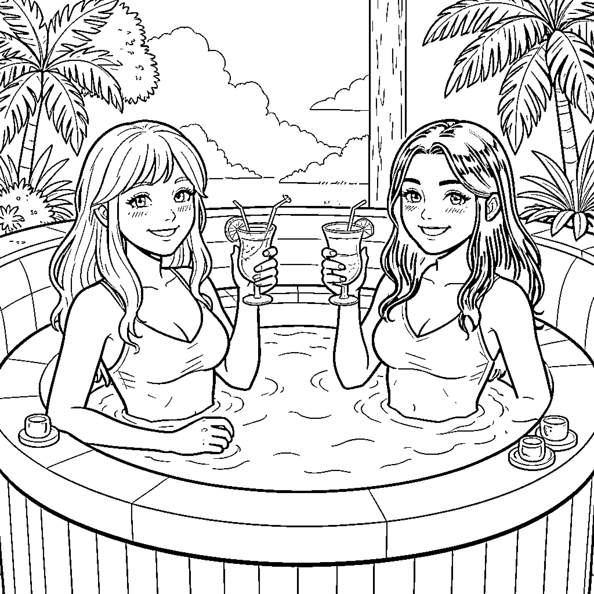 Fille relaxing in a hot tub with drinks Coloring Page (free black-and-white line drawing printable PDF for all, from beginners to advanced learners, including children, teens, adults, and seniors)