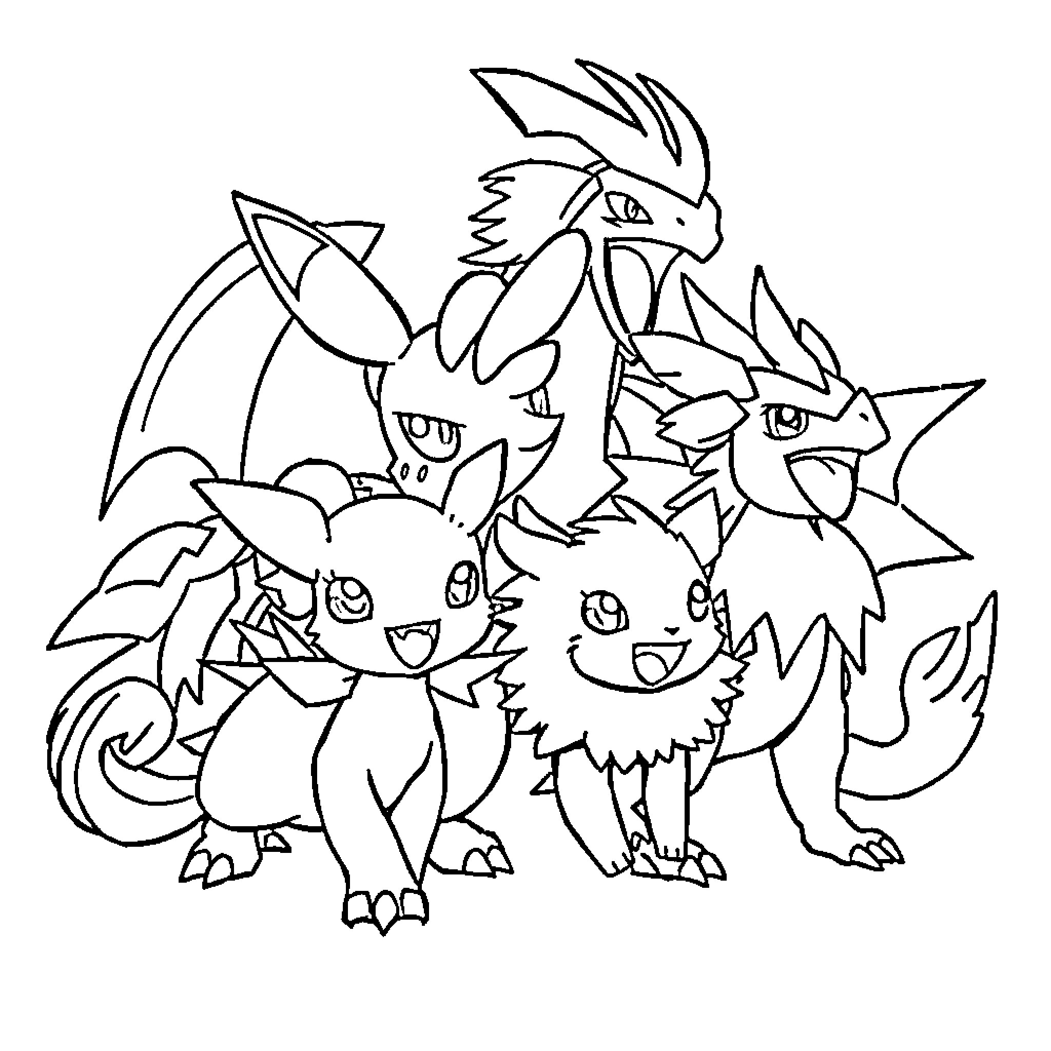 Pokémon Gathering of Companions Coloring Page (free black-and-white line drawing printable PDF for all, from beginners to advanced learners, including children, teens, adults, and seniors)