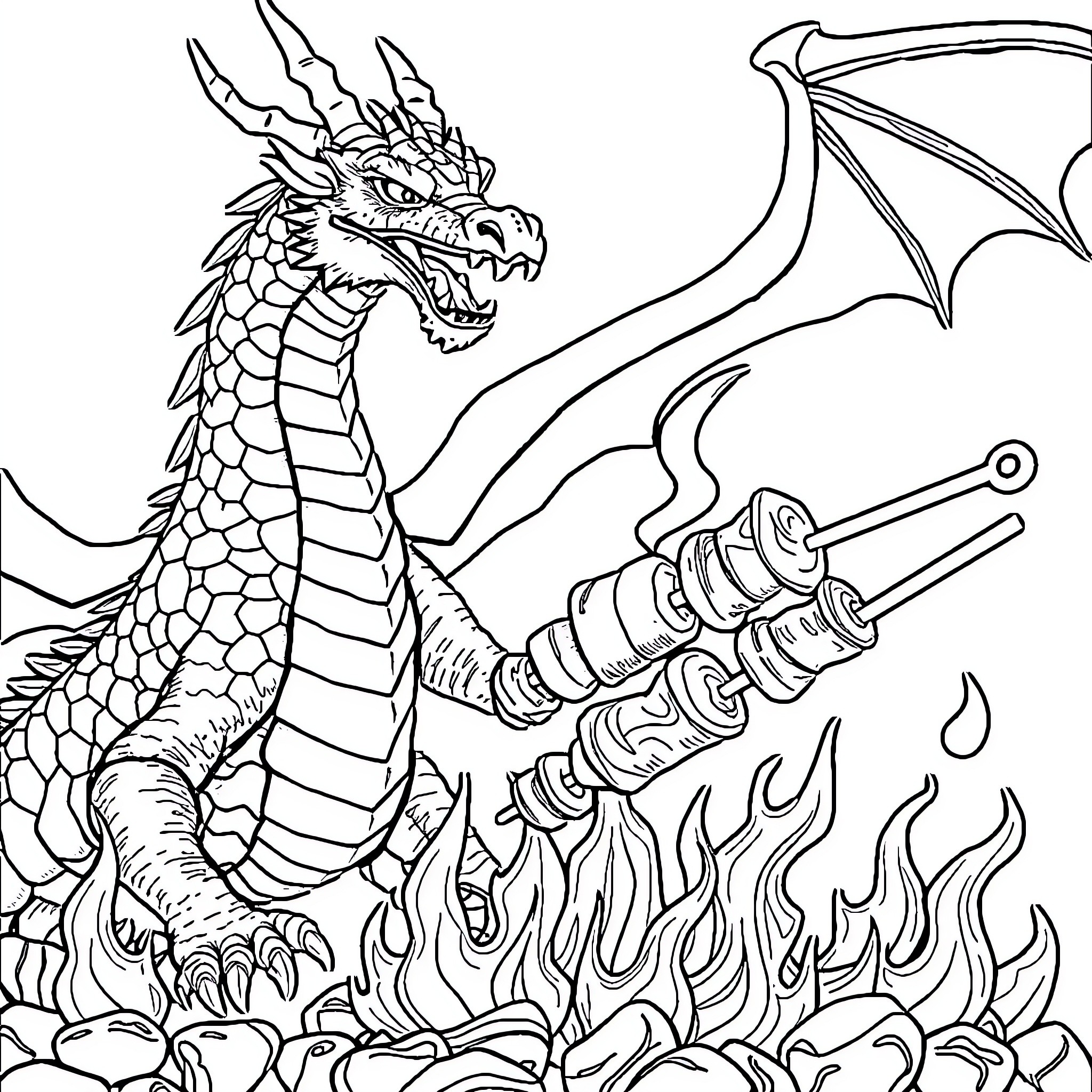 Dragon breathing fire and wielding weapon Coloring Page (free black-and-white line drawing printable PDF for all, from beginners to advanced learners, including children, teens, adults, and seniors)